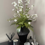 Larkspur Spray and Fern in a Black Ribbed Glass Vase RTfact Flowers 