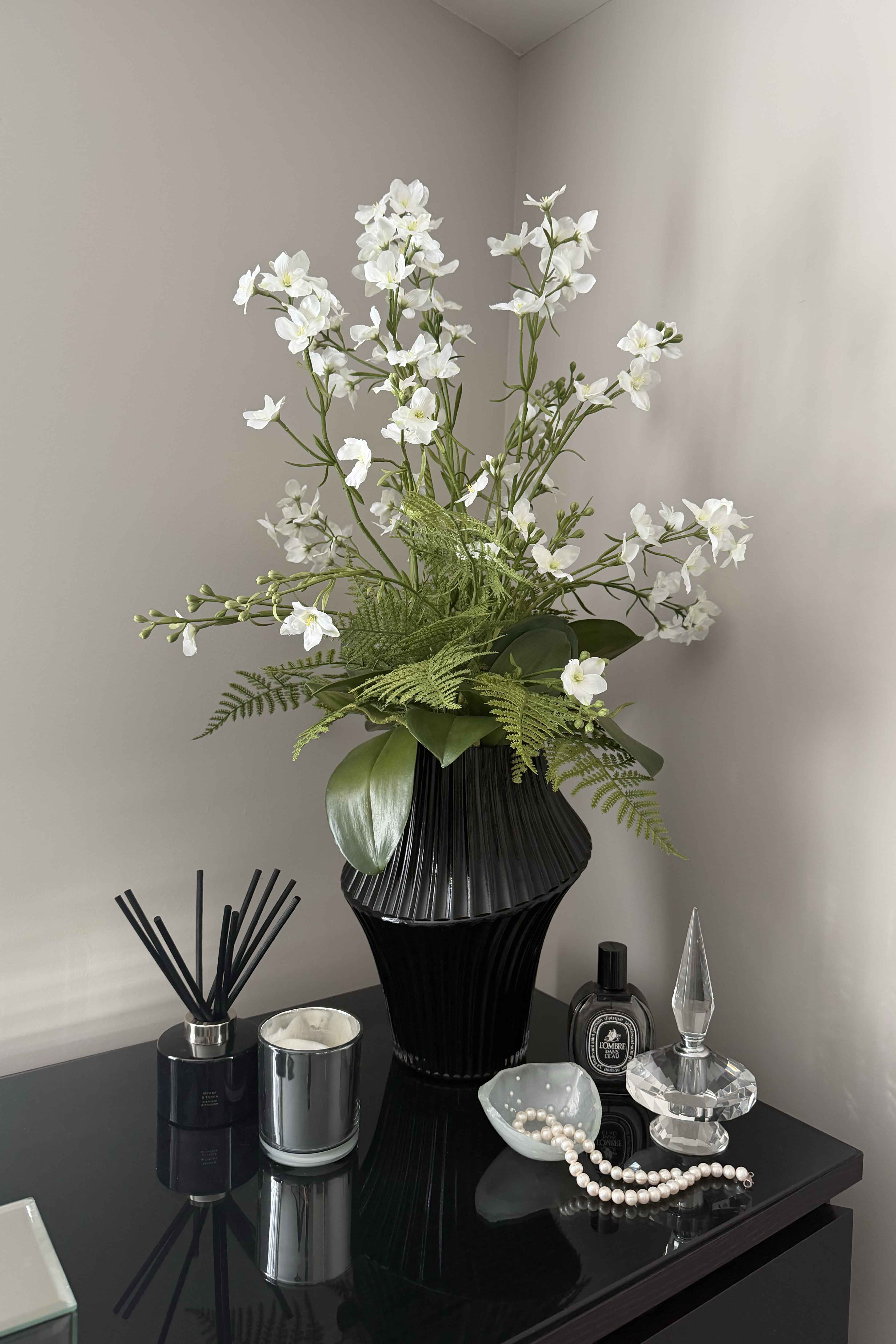 Larkspur Spray and Fern in a Black Ribbed Glass Vase RTfact Flowers 