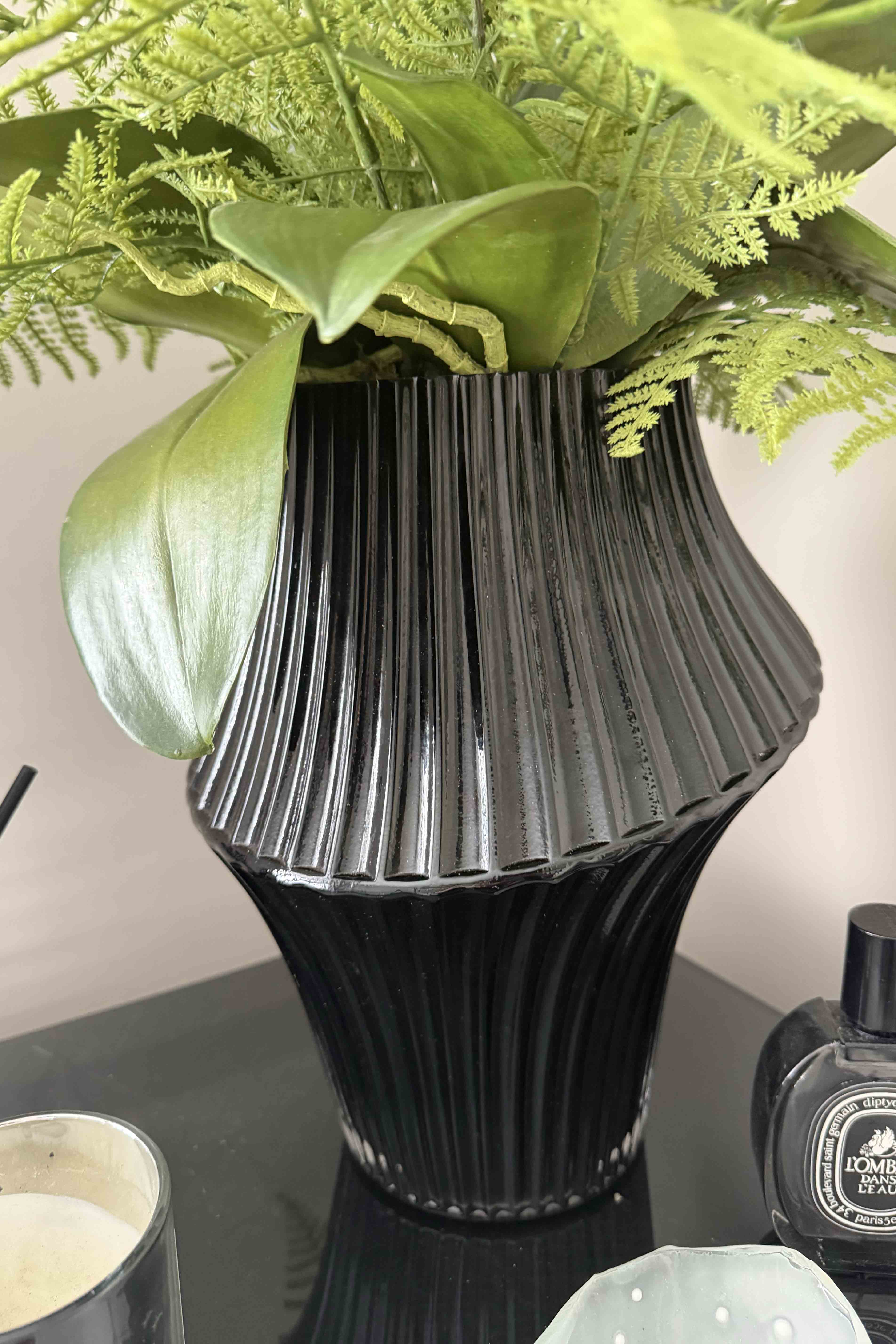 Larkspur Spray and Fern in a Black Ribbed Glass Vase RTfact Flowers 