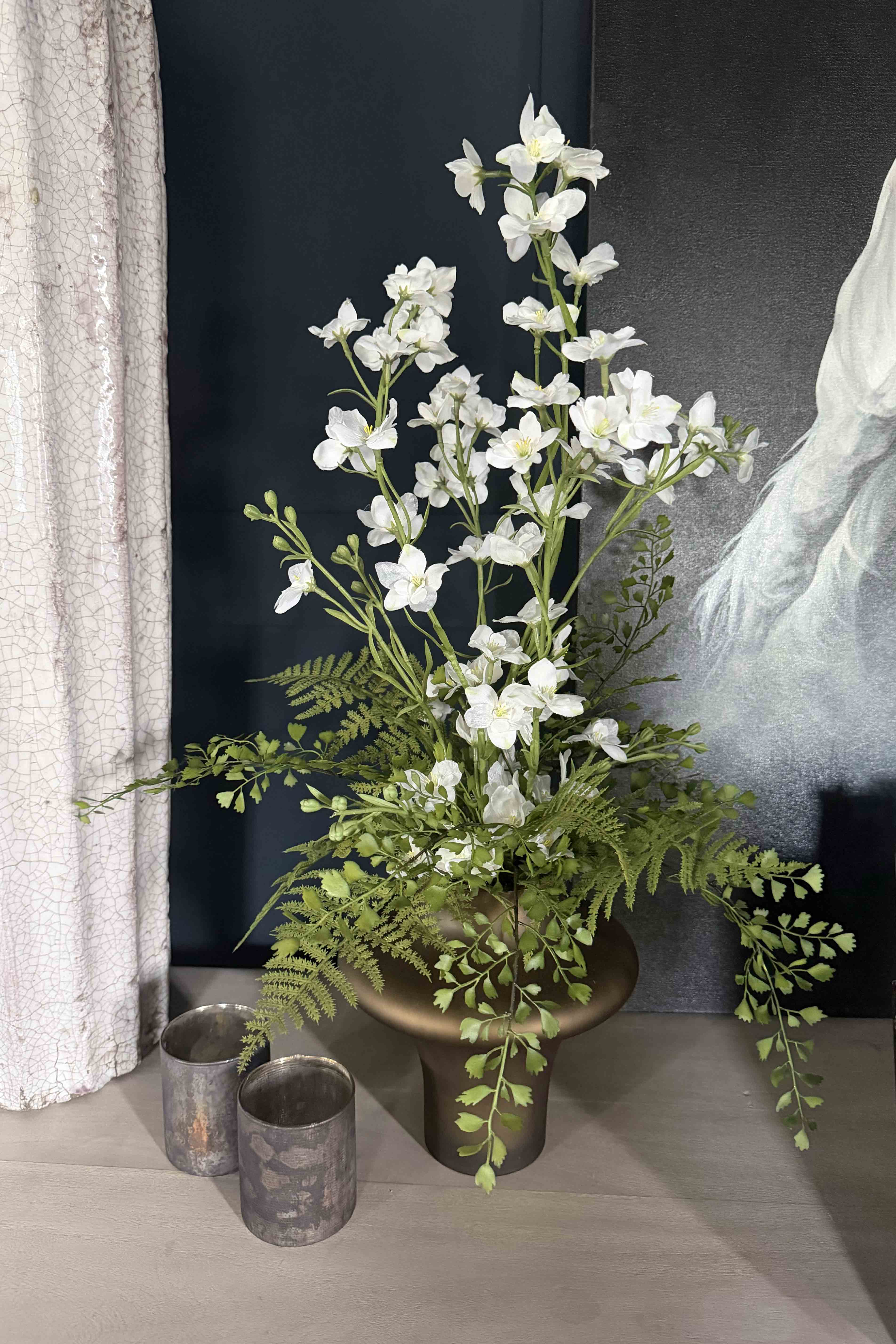Larkspur Spray and Fern in a Sculptured Brown Vase RTfact Flowers 