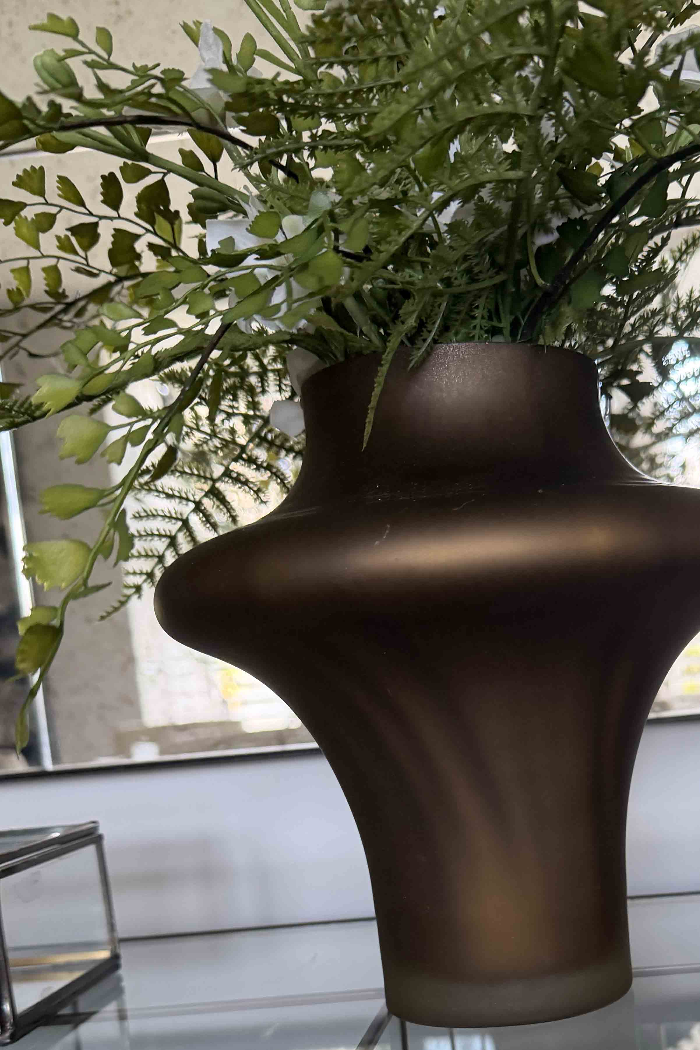 Larkspur Spray and Fern in a Sculptured Brown Vase RTfact Flowers 