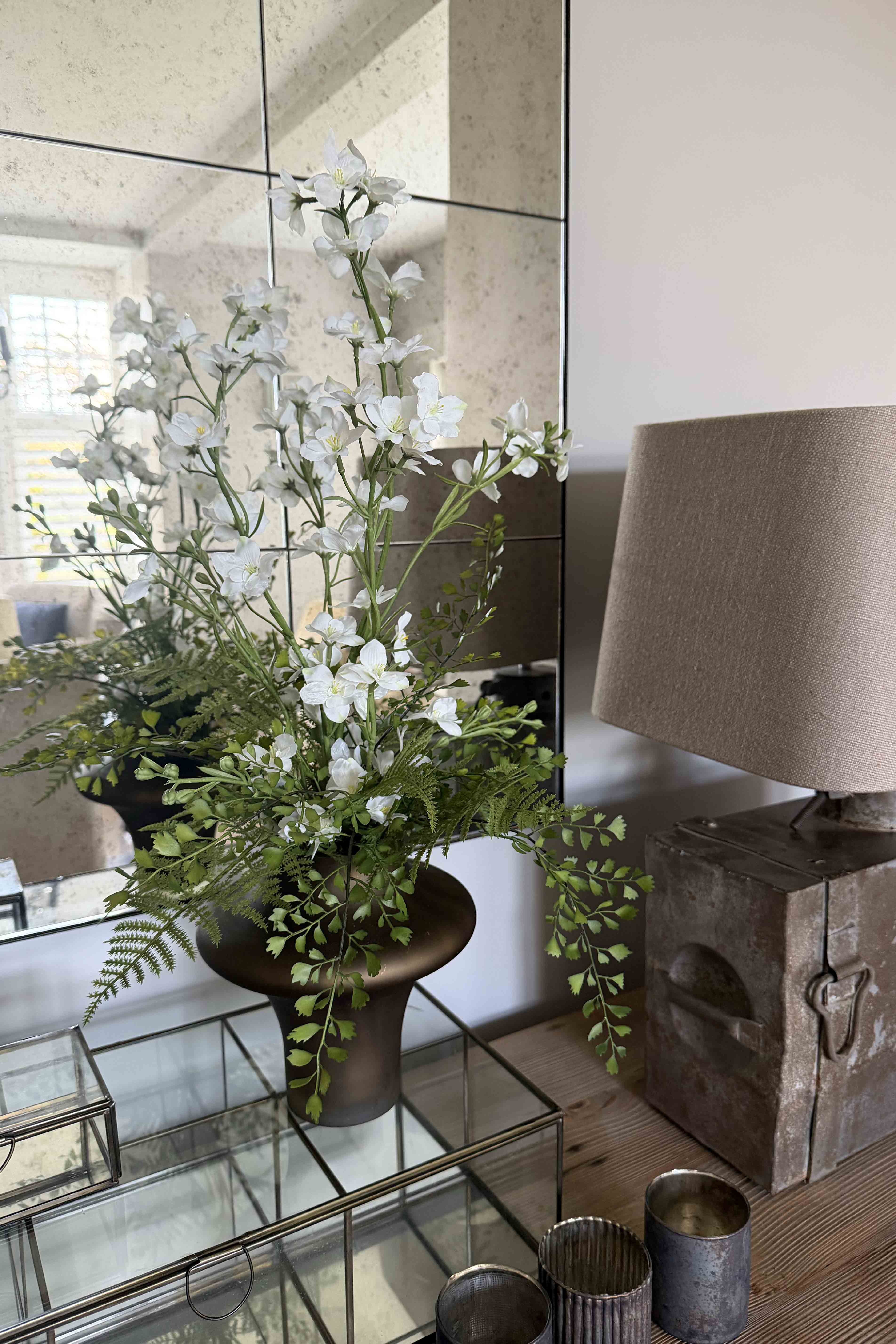 Larkspur Spray and Fern in a Sculptured Brown Vase RTfact Flowers 