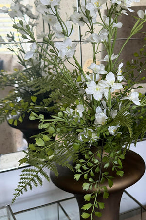 Larkspur Spray and Fern in a Sculptured Brown Vase RTfact Flowers 