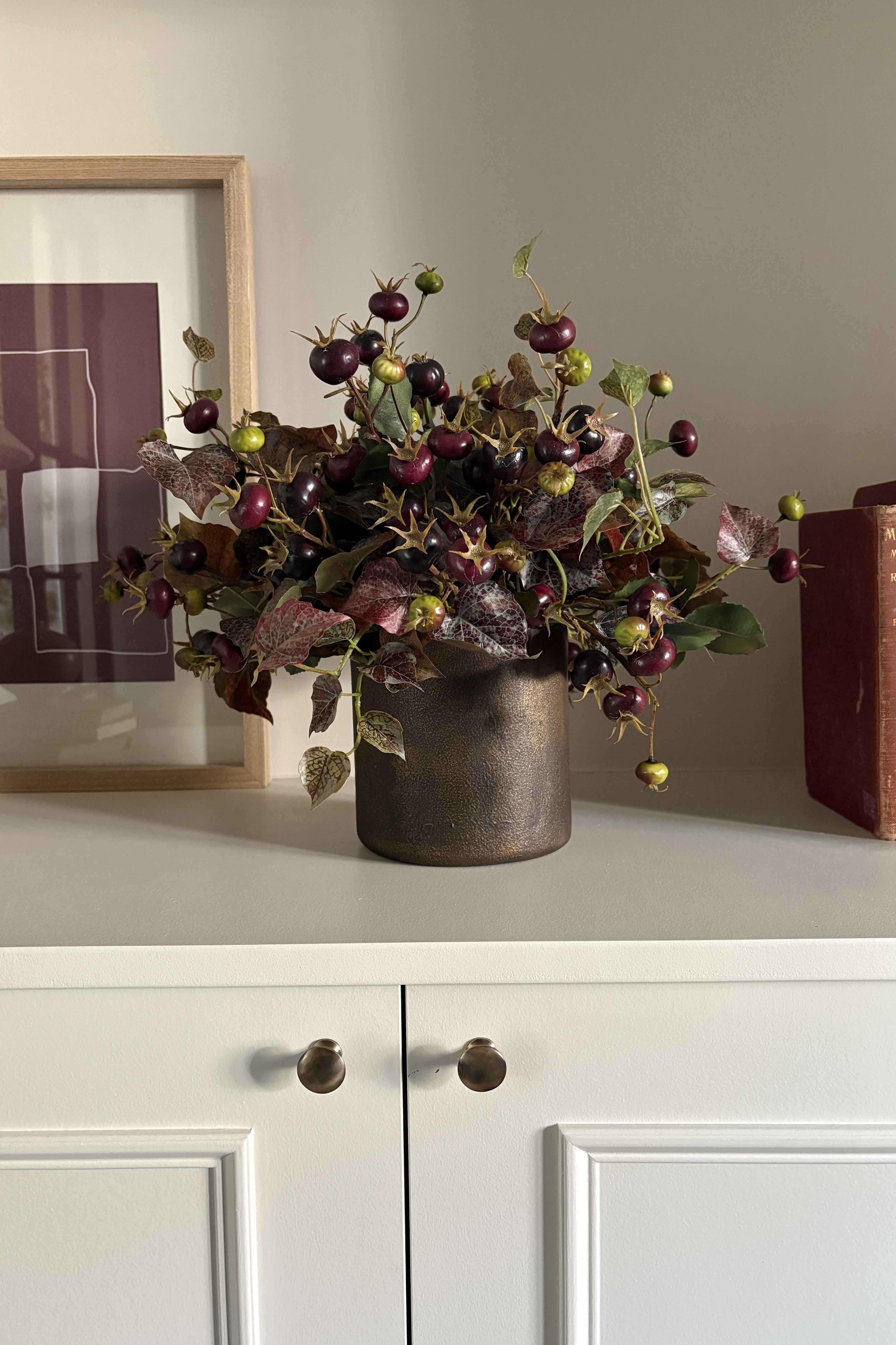 Rosehip and Ivy in a Hand-painted Bronze Vase RTfact Flowers 
