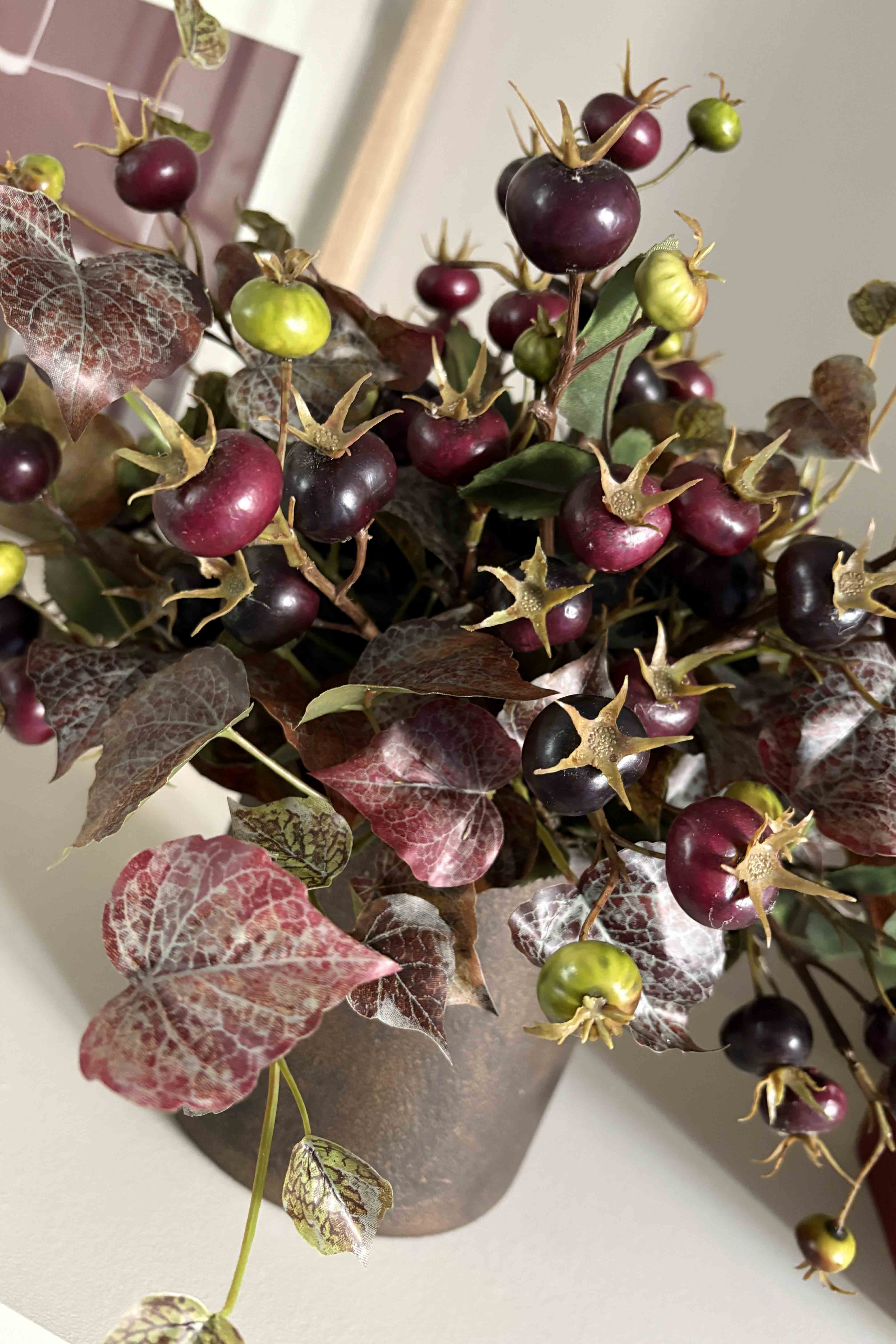 Rosehip and Ivy in a Hand-painted Bronze Vase RTfact Flowers 