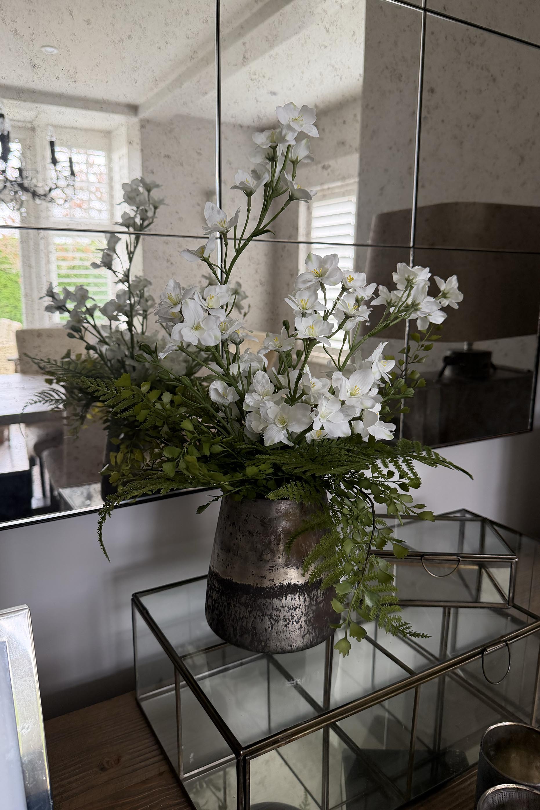 Larkspur Spray and Fern in a Pewter Vase RTfact Flowers 