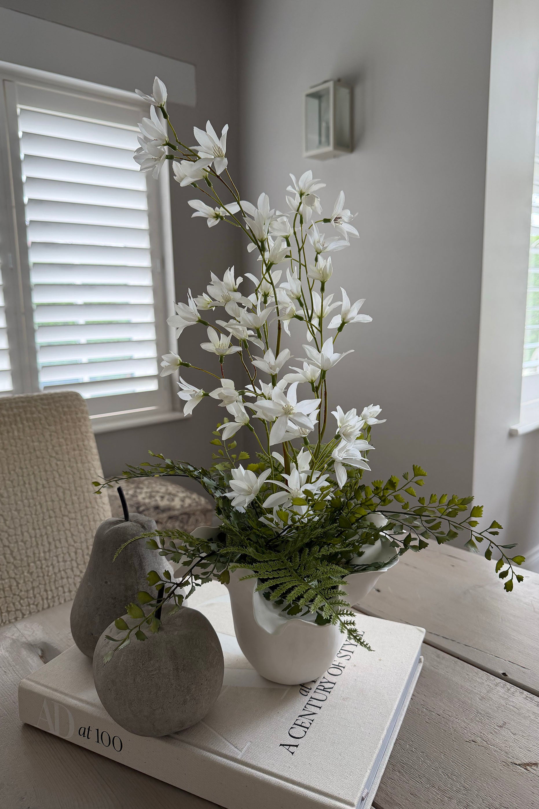 Zephyranthes and Fern in a White curved Vase RTfact Flowers 