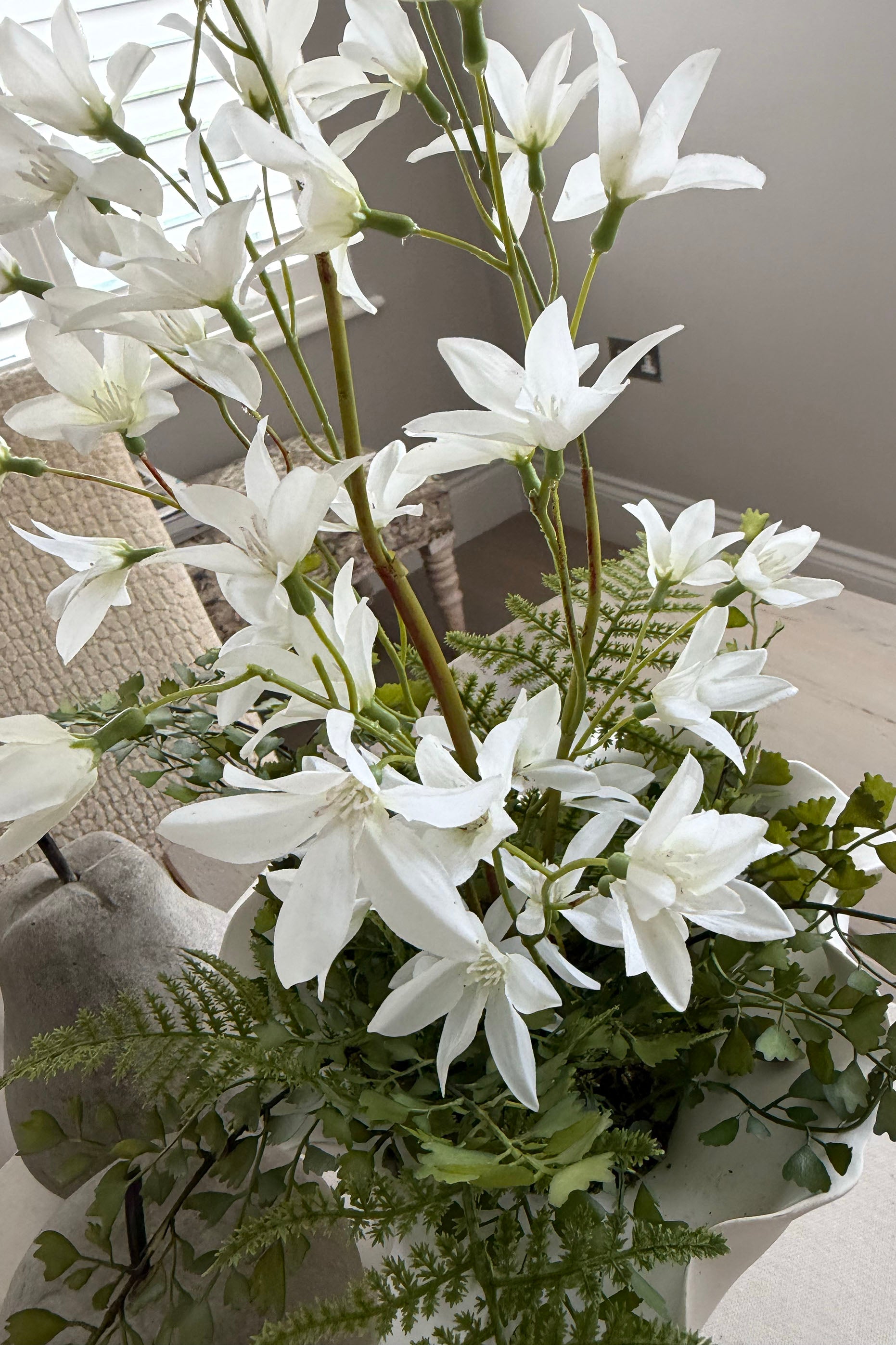 Zephyranthes and Fern in a White curved Vase RTfact Flowers 
