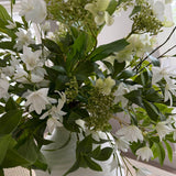 Hydrangea, Vibernum and Bucida in a White Stone Vase