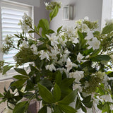 Hydrangea, Vibernum and Bucida in a White Stone Vase