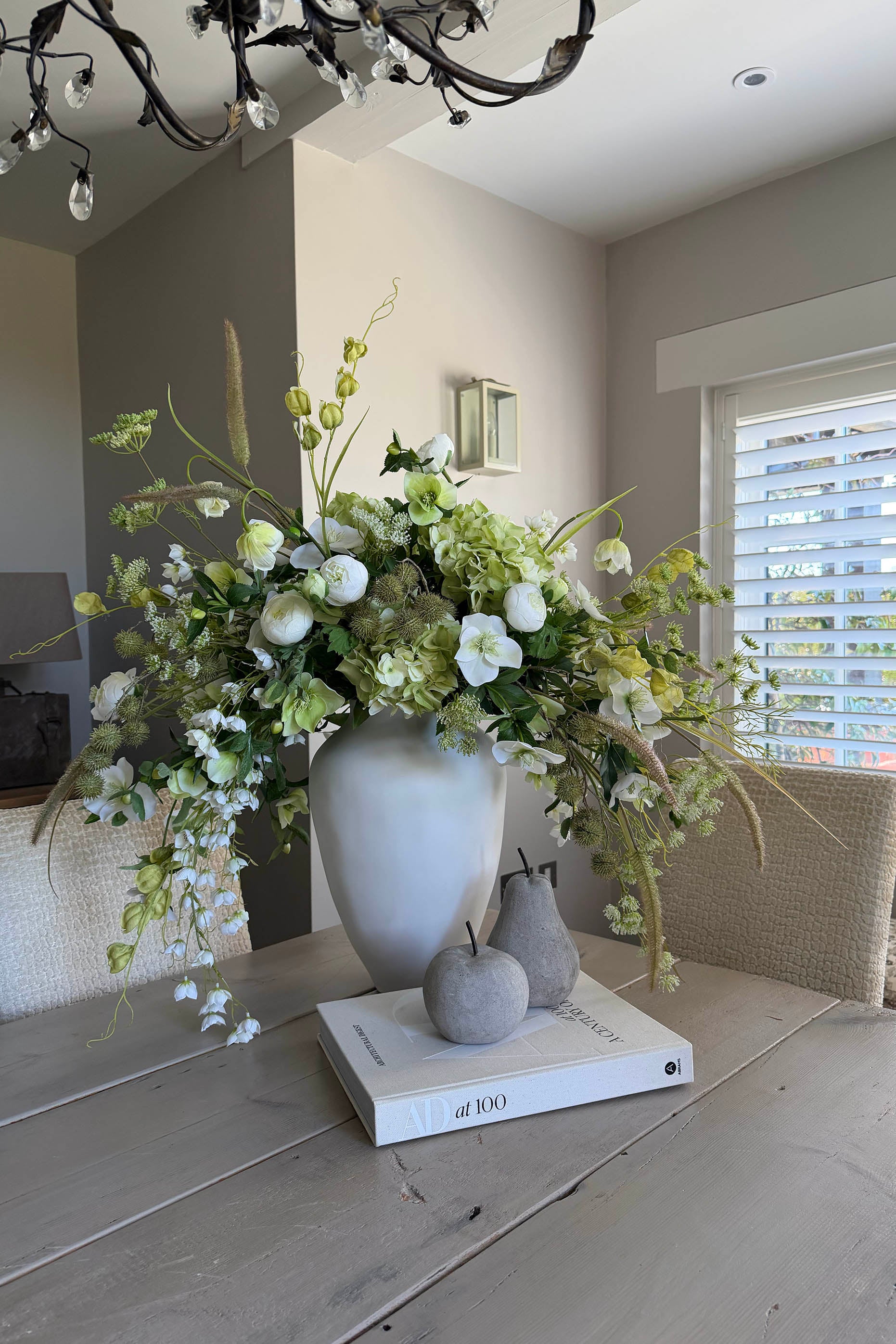 Bucida, Hellebores, Ranunuculus and Hydrangea in a White Matt Vase Rtfact Flowers 