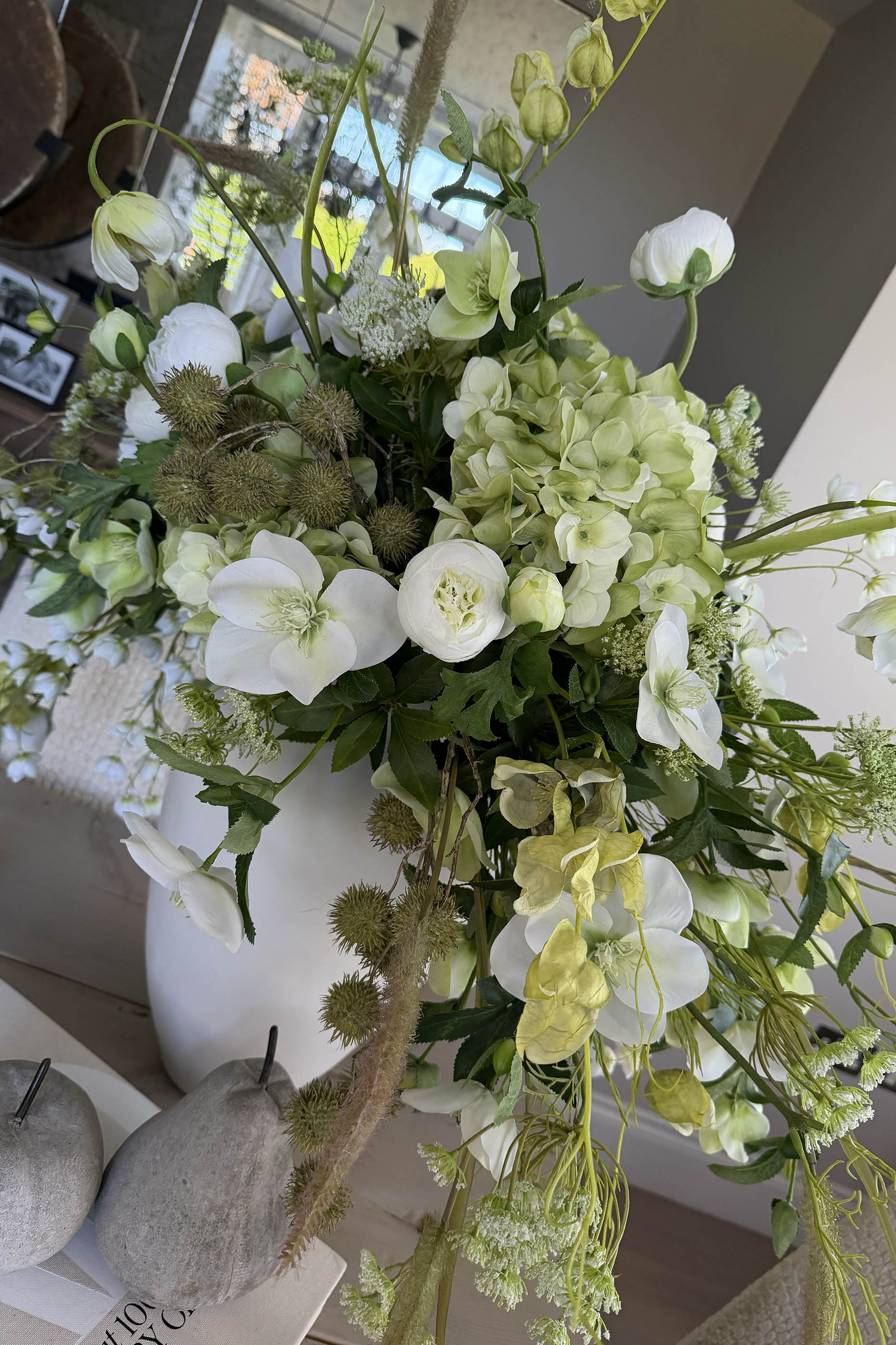 Bucida, Hellebores, Ranunuculus and Hydrangea in a White Matt Vase Rtfact Flowers 