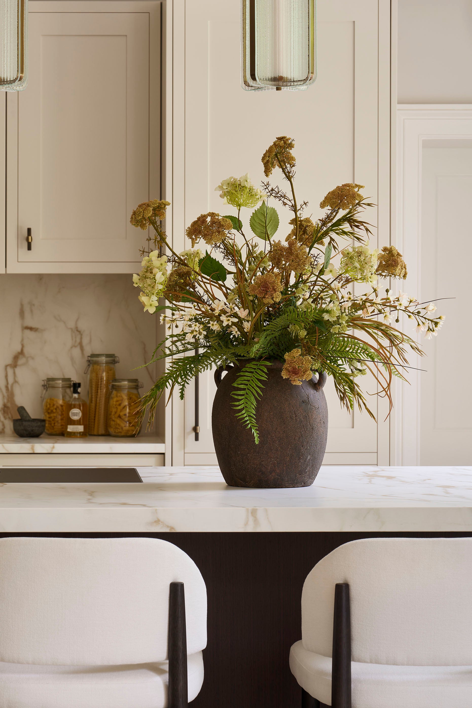 Queen Anne's Lace, Fern and Astrantia in a Rustic Stone Vase RTfact Flowers 