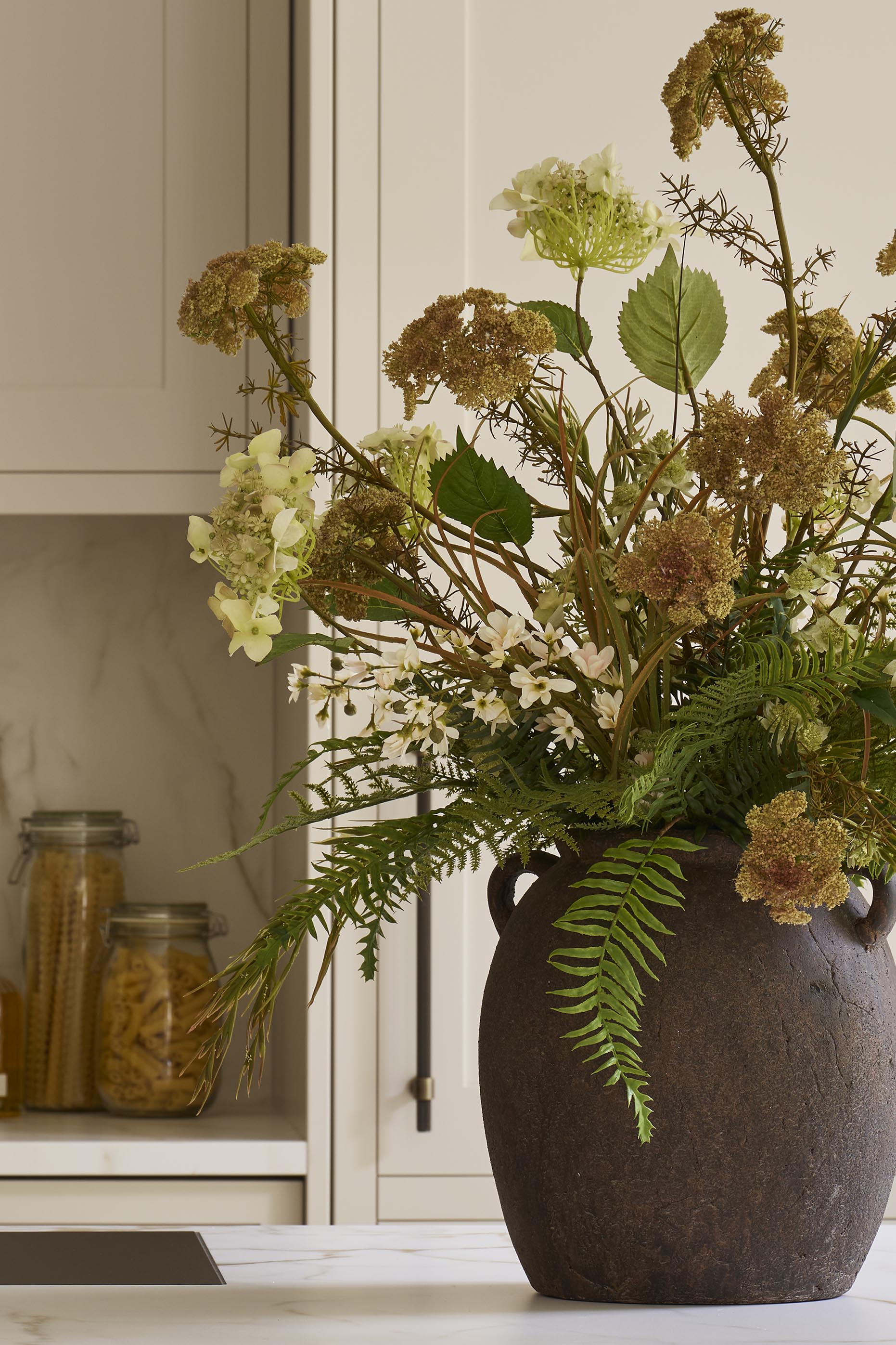 Queen Anne's Lace, Fern and Astrantia in a Rustic Stone Vase RTfact Flowers 