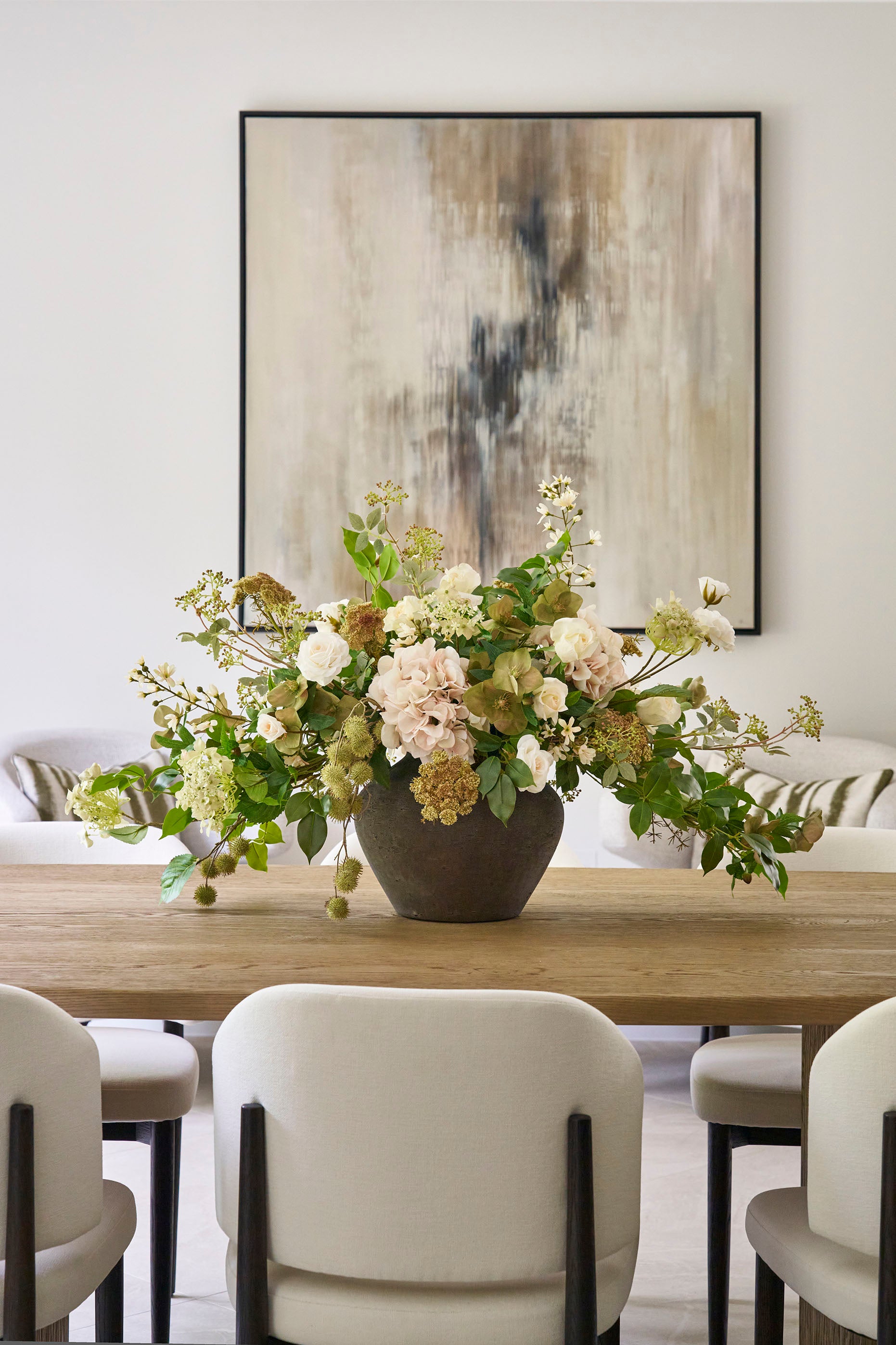 Hydrangea,Rose and Queen Anne's Lace in a Stone Vase Rtfact Flowers 