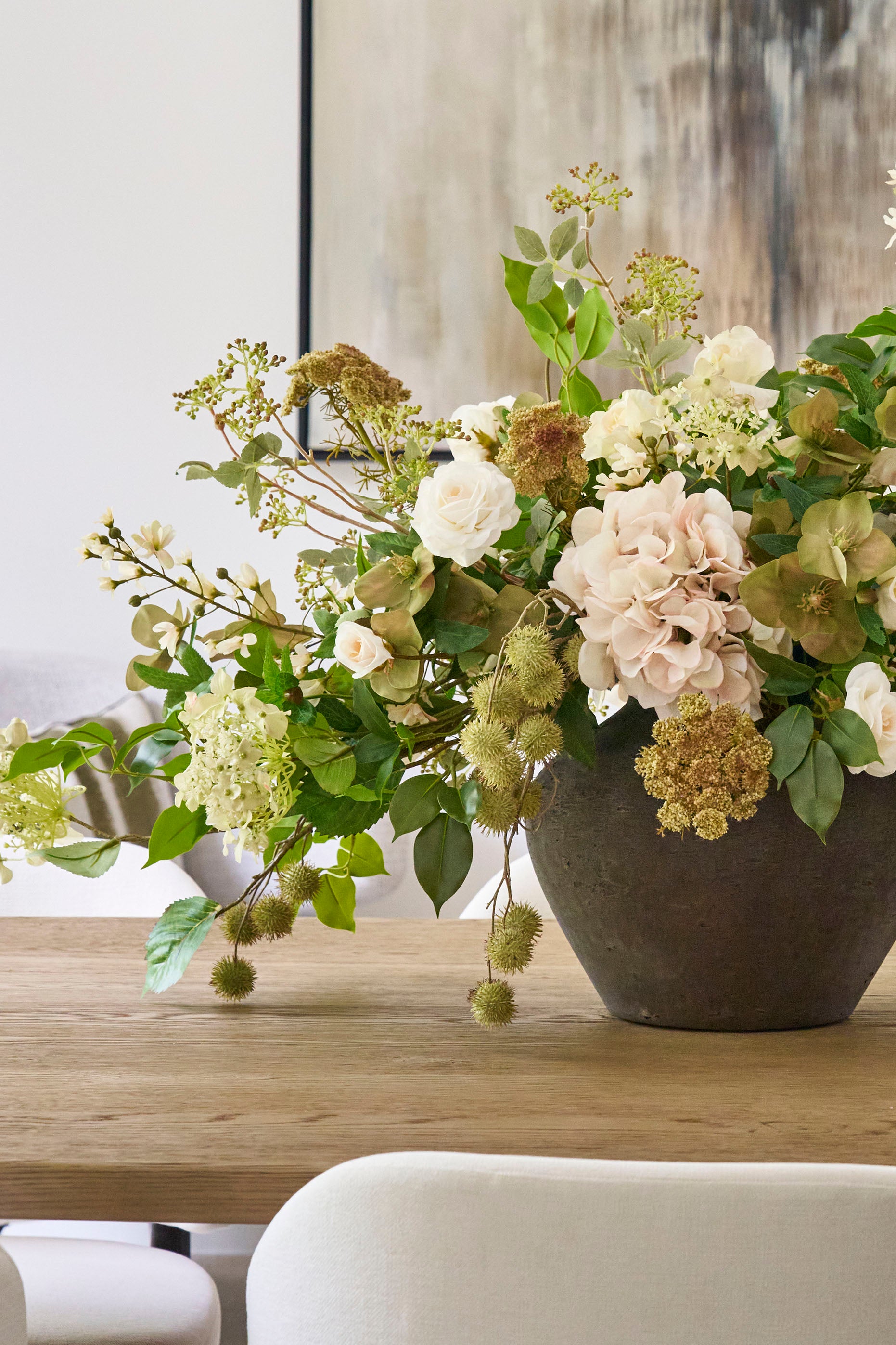 Hydrangea,Rose and Queen Anne's Lace in a Stone Vase Rtfact Flowers 