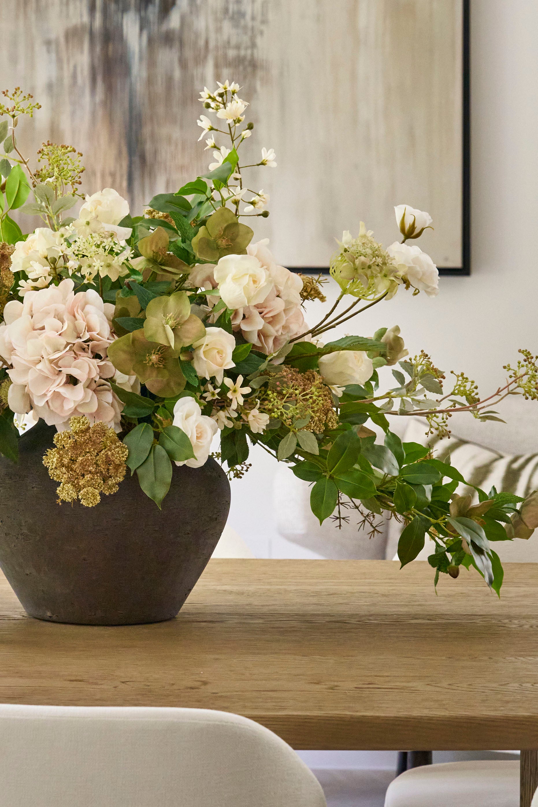 Hydrangea,Rose and Queen Anne's Lace in a Stone Vase Rtfact Flowers 