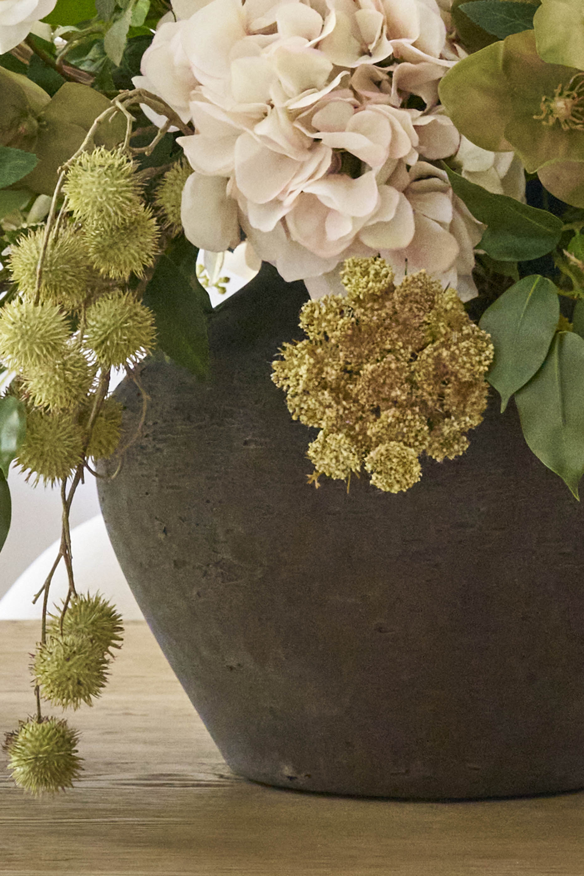 Hydrangea,Rose and Queen Anne's Lace in a Stone Vase Rtfact Flowers 