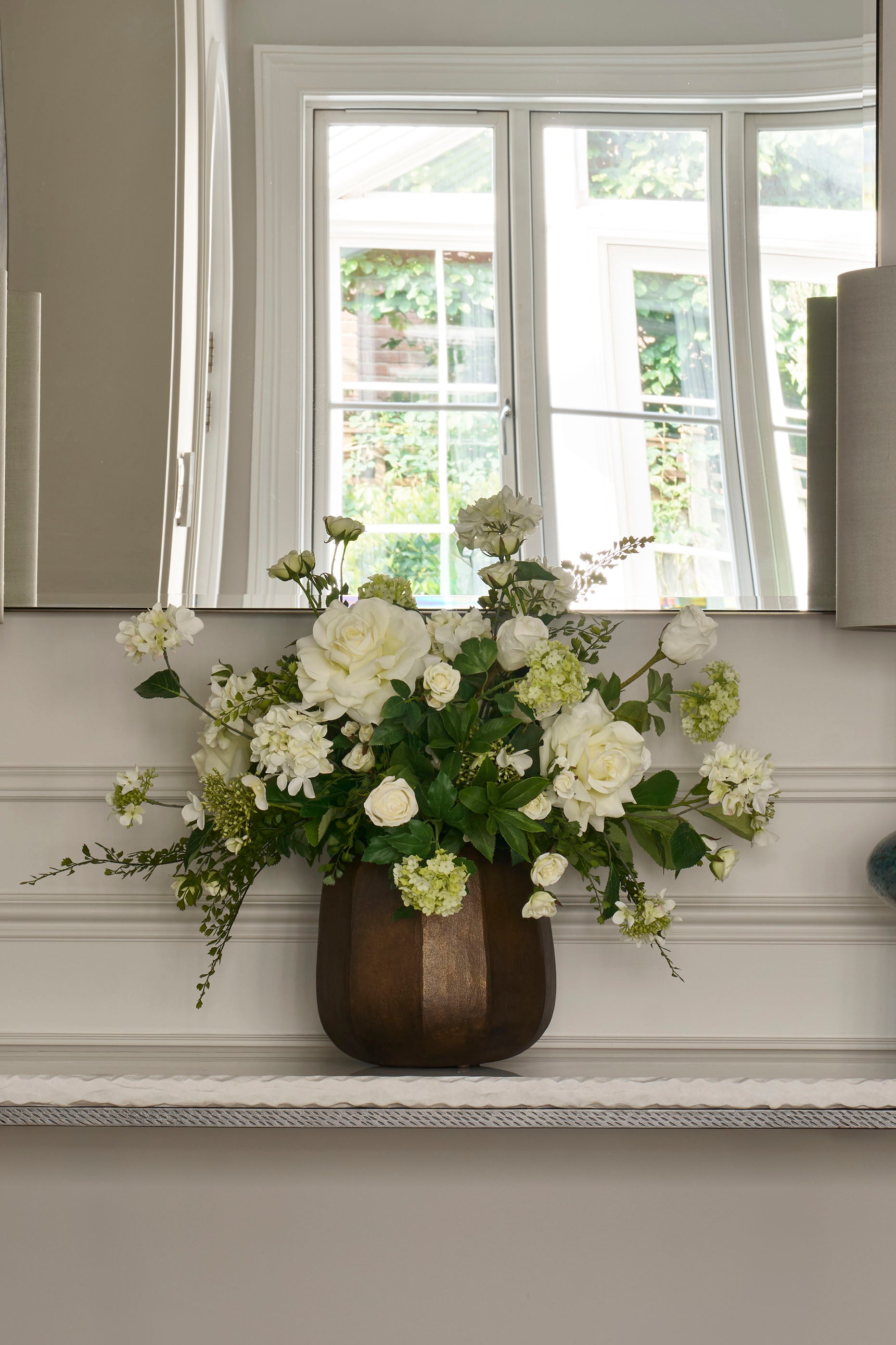 Roses, Snowballs, Hydrangea Spray and Maidenhair Fern in a Bronze Glass Vase RTfact Flowers 