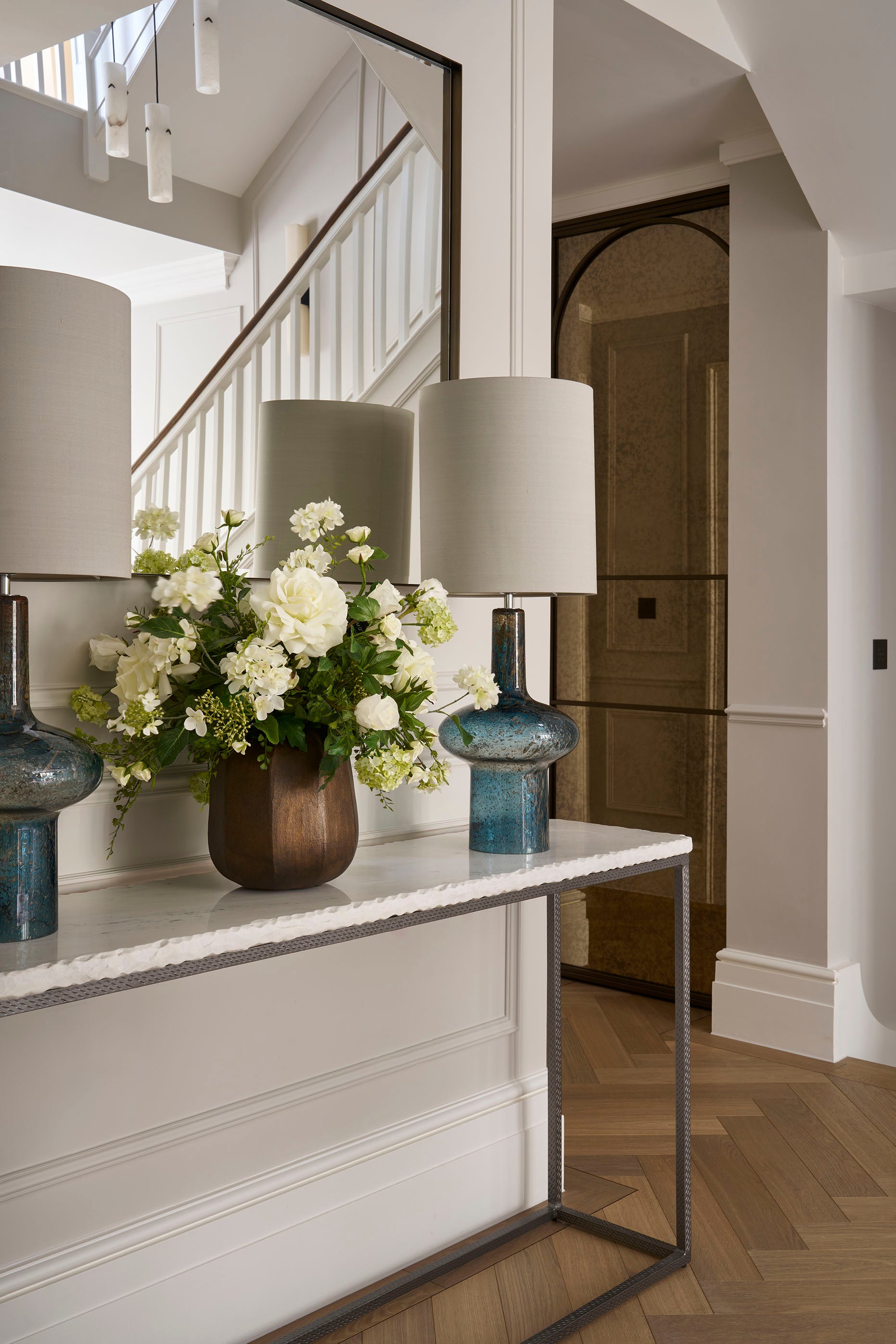 Roses, Snowballs, Hydrangea Spray and Maidenhair Fern in a Bronze Glass Vase RTfact Flowers 