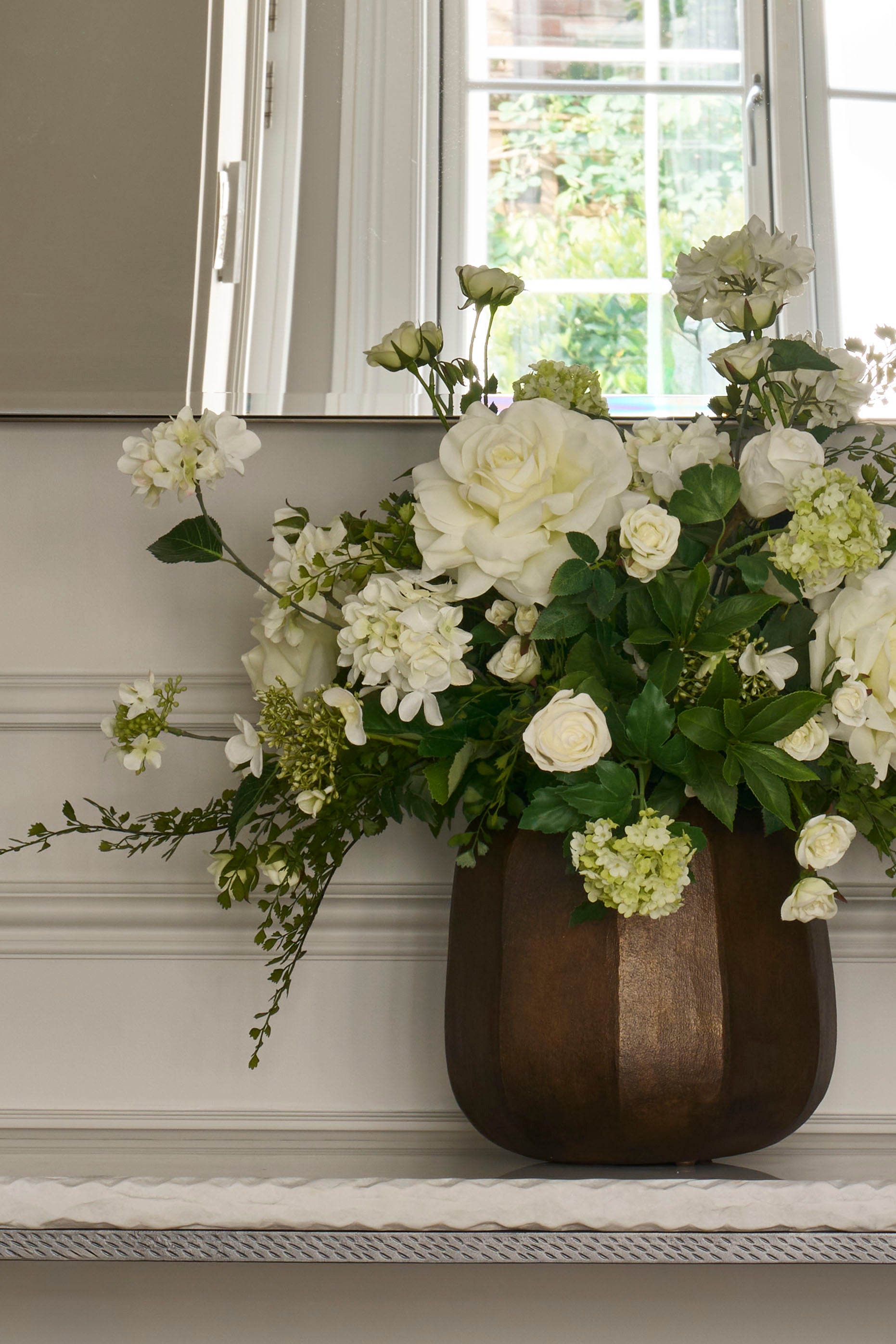 Roses, Snowballs, Hydrangea Spray and Maidenhair Fern in a Bronze Glass Vase RTfact Flowers 