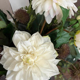 Dahlias and Chestnuts in a Rustic Brown pot