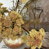 Decorative arrangement of dried flowers in a metallic vase on a textured surface.