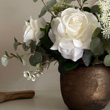 Eucalyptus, Rose and Waxflower in a Bronze Vase (White)