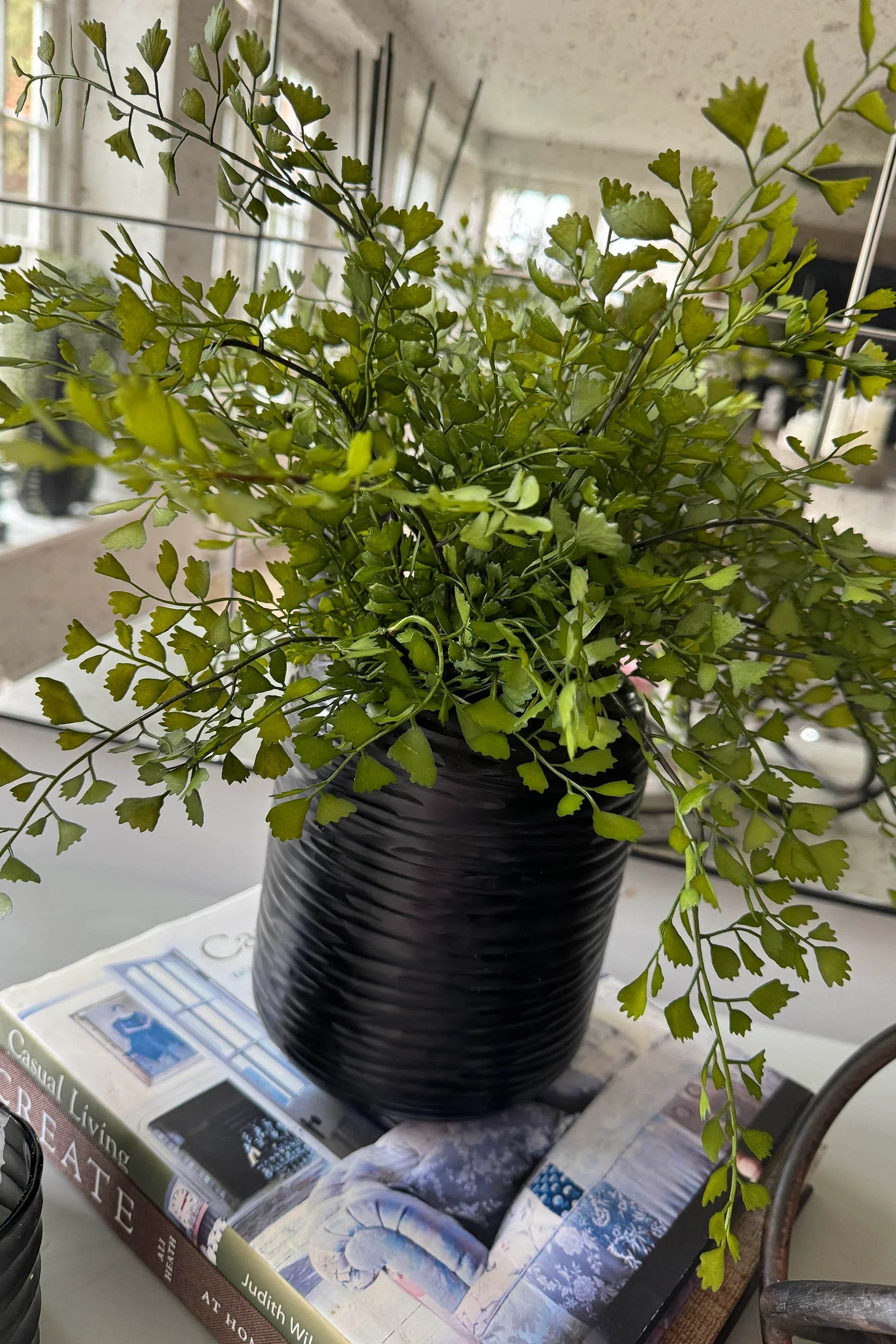 Maidenhair Fern in a Black Carved Vase RTfact Flowers 