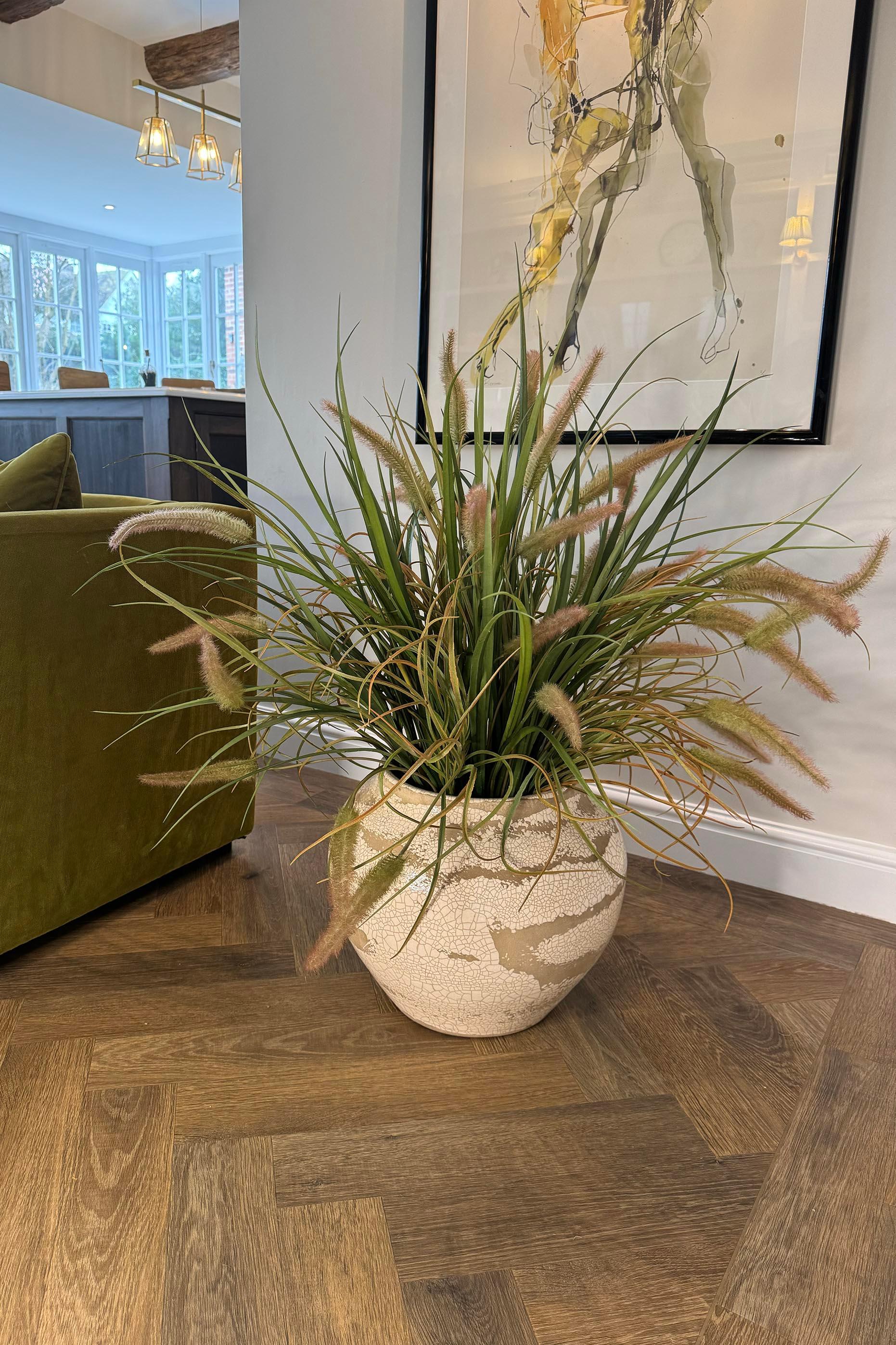 Cattails and Tillandsia Grass in a Crackle Glazed Pot RTfact Flowers 