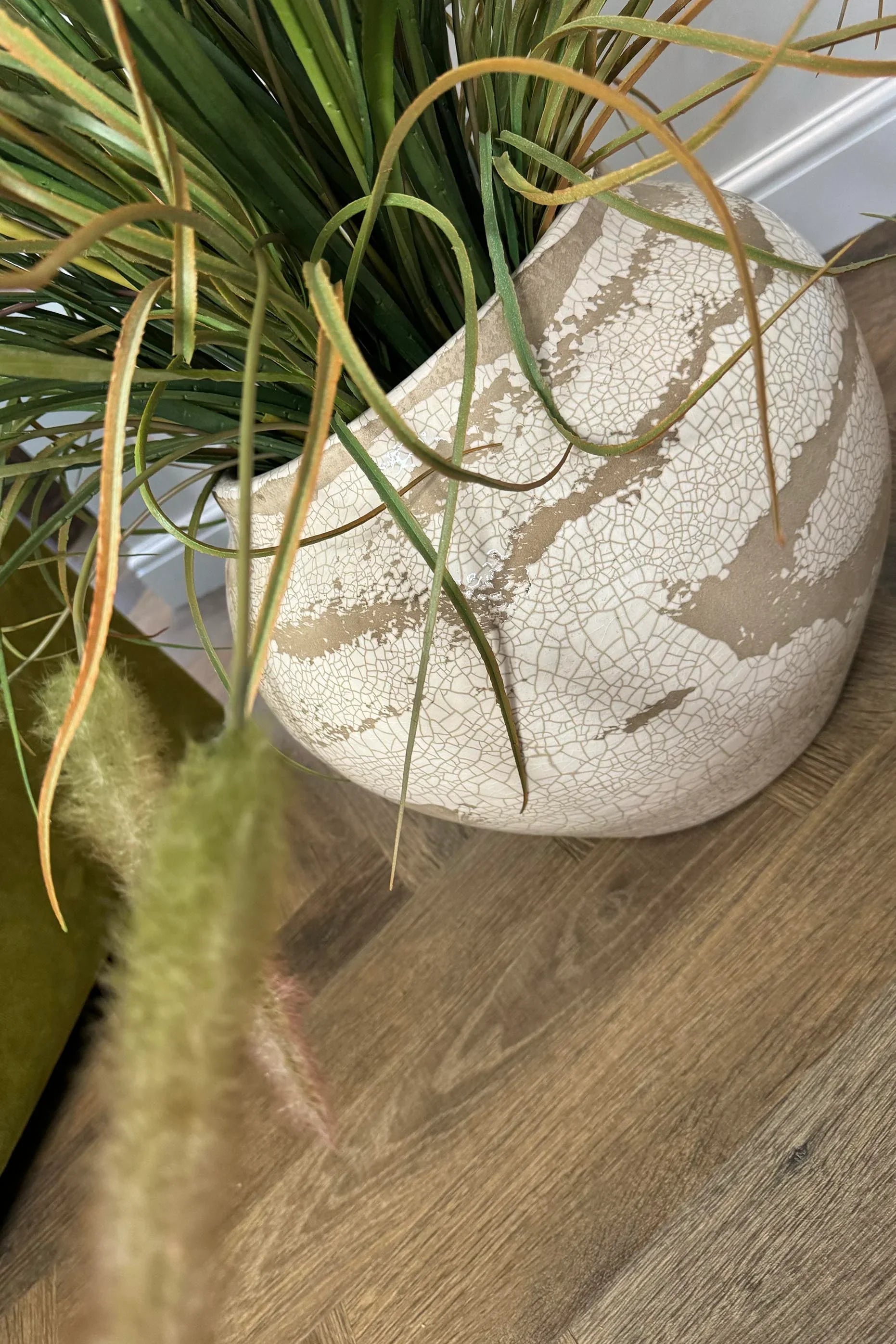 Cattails and Tillandsia Grass in a Crackle Glazed Pot RTfact Flowers 