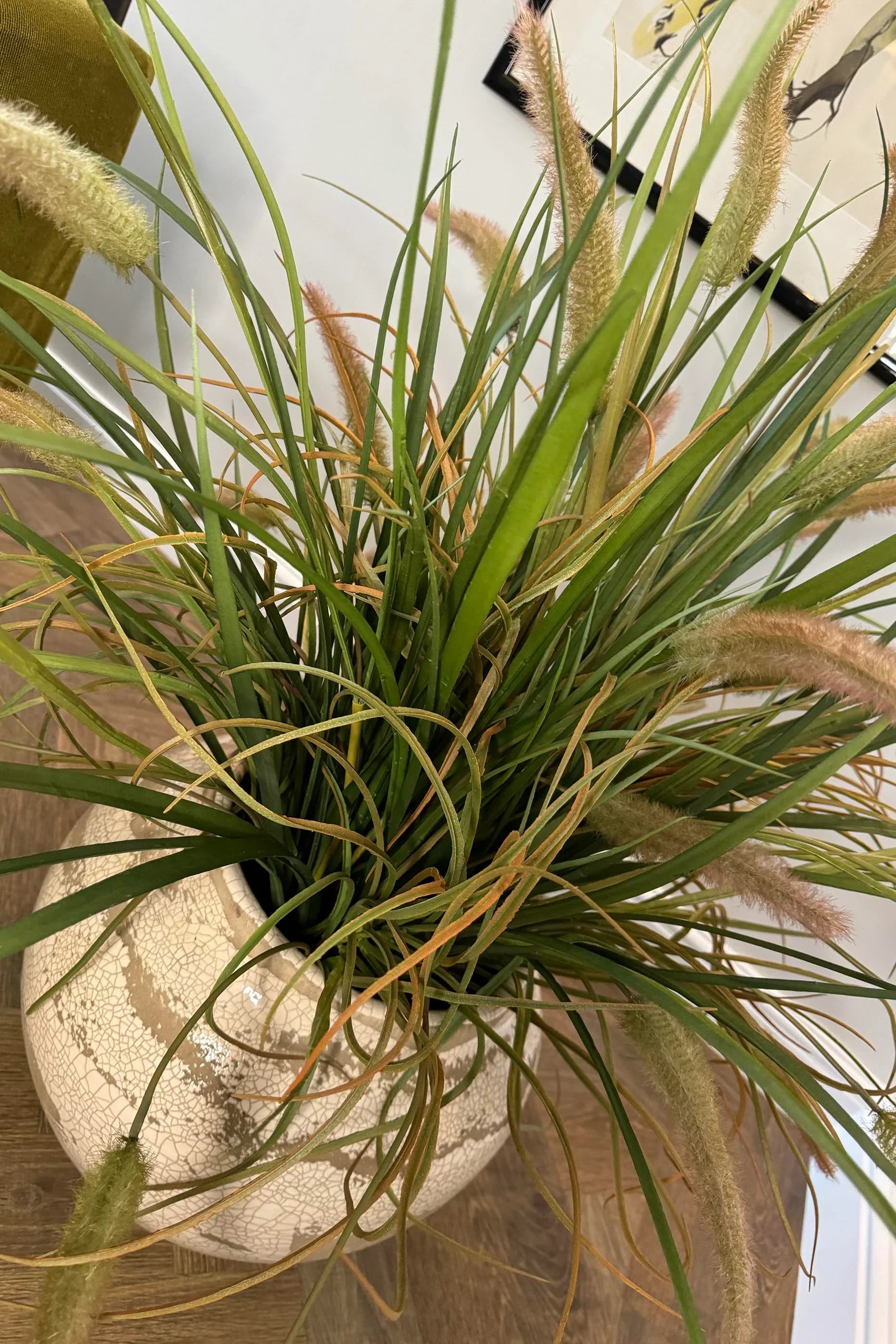 Cattails and Tillandsia Grass in a Crackle Glazed Pot RTfact Flowers 