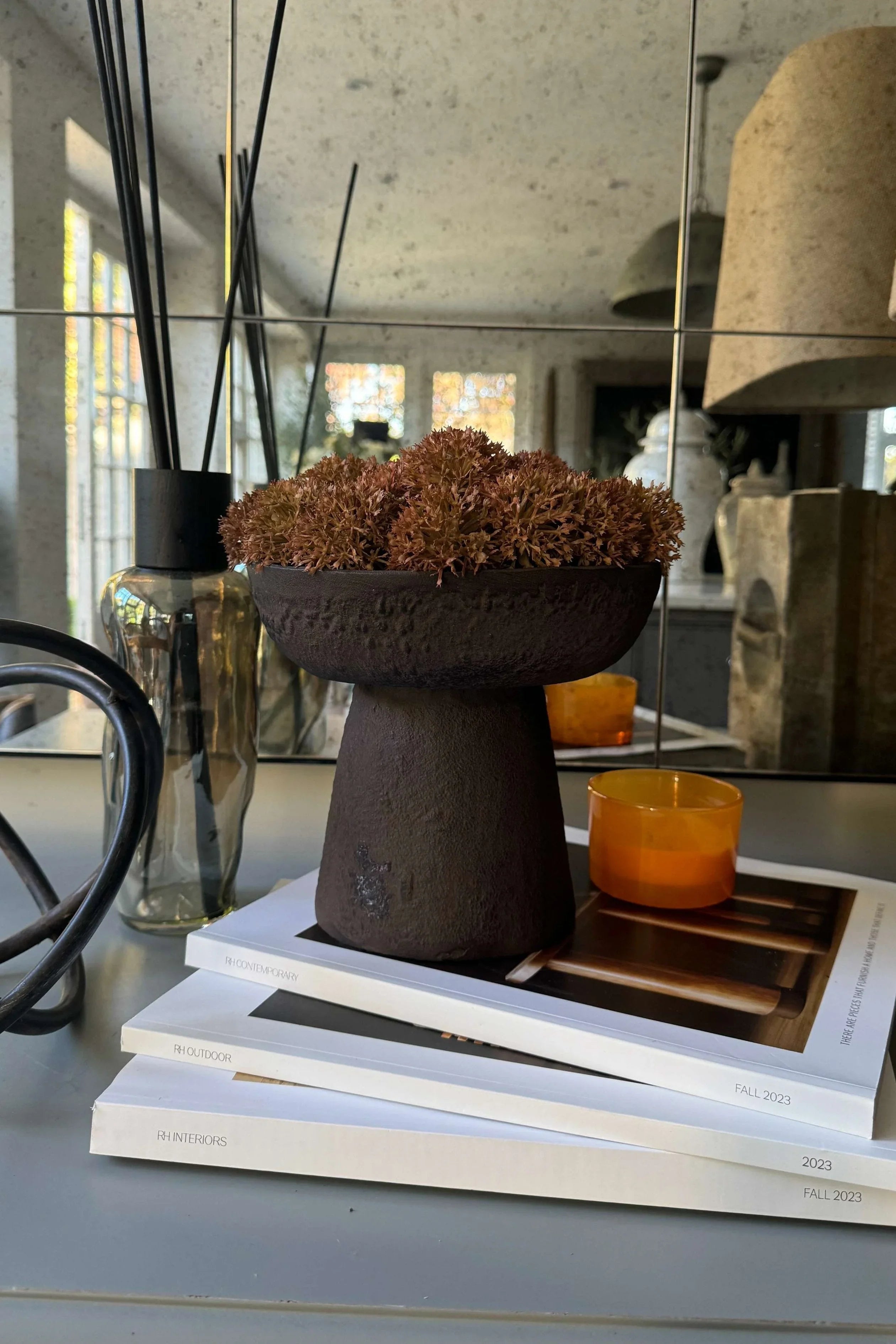 Echinops in a Rustic Brown Metal Pedestal Bowl (Tall) RTfact Flowers 