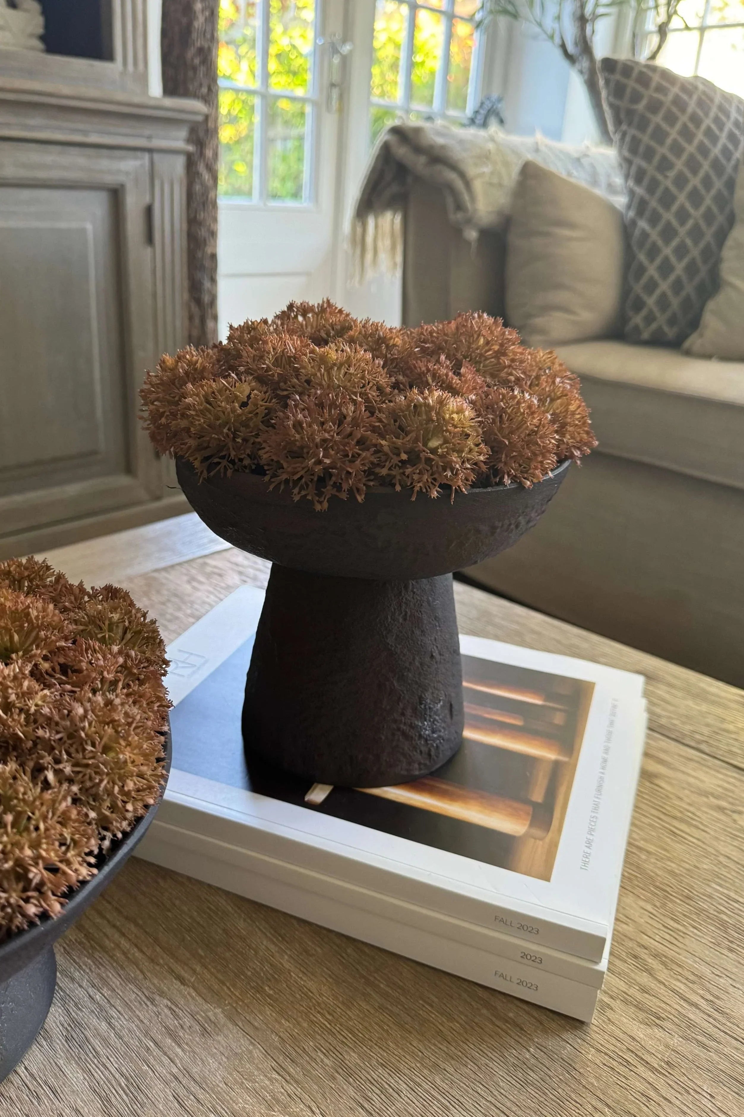 Echinops in a Rustic Brown Metal Pedestal Bowl (Tall) RTfact Flowers 