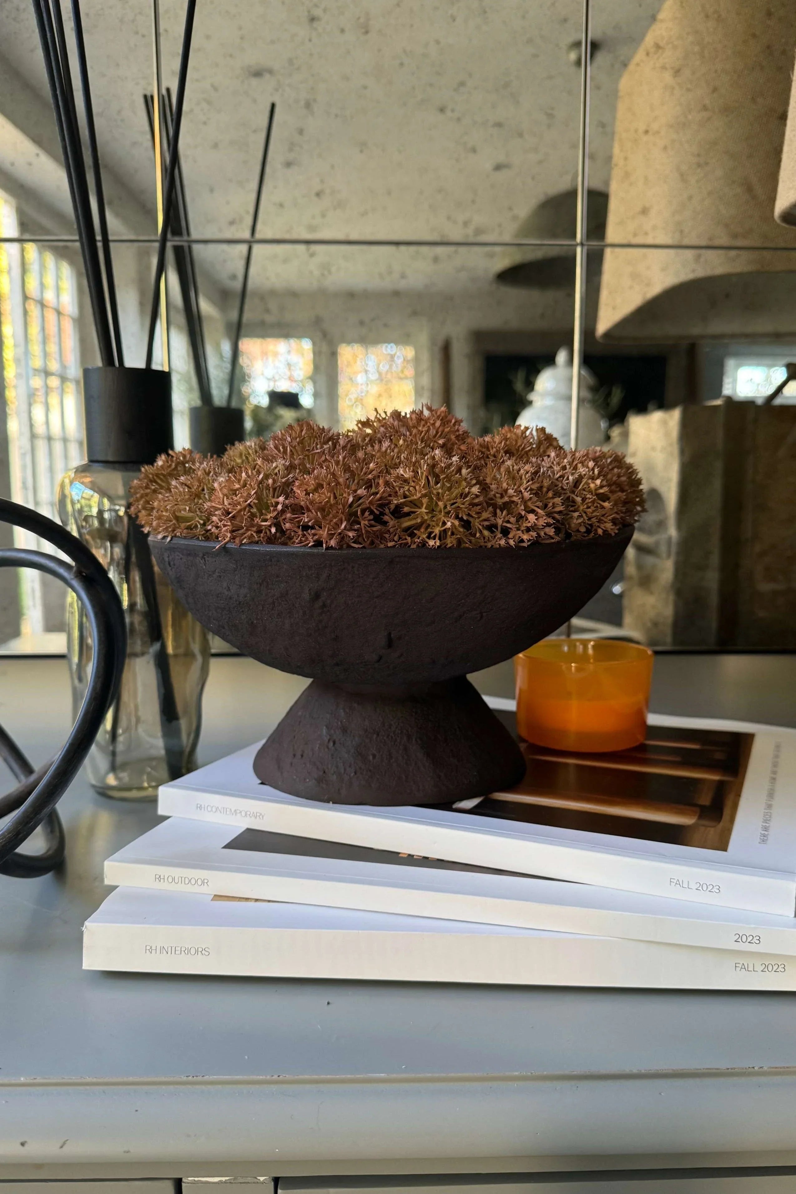 Echinops in a Rustic Brown Metal Pedestal Bowl RTfact Flowers 