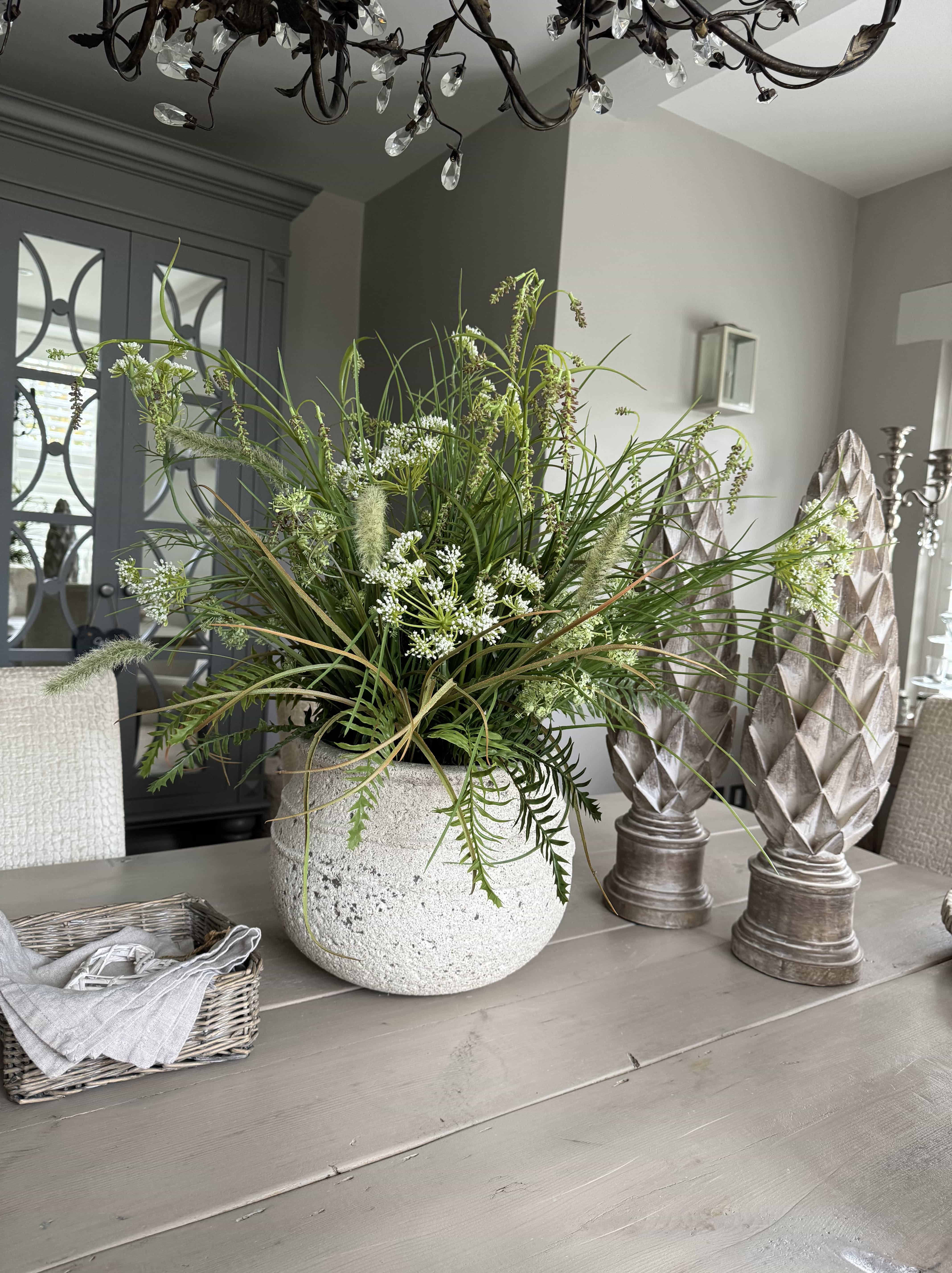 Queen Anne's Lace and Grass in a Cream Stone Pot RTfact Flowers 
