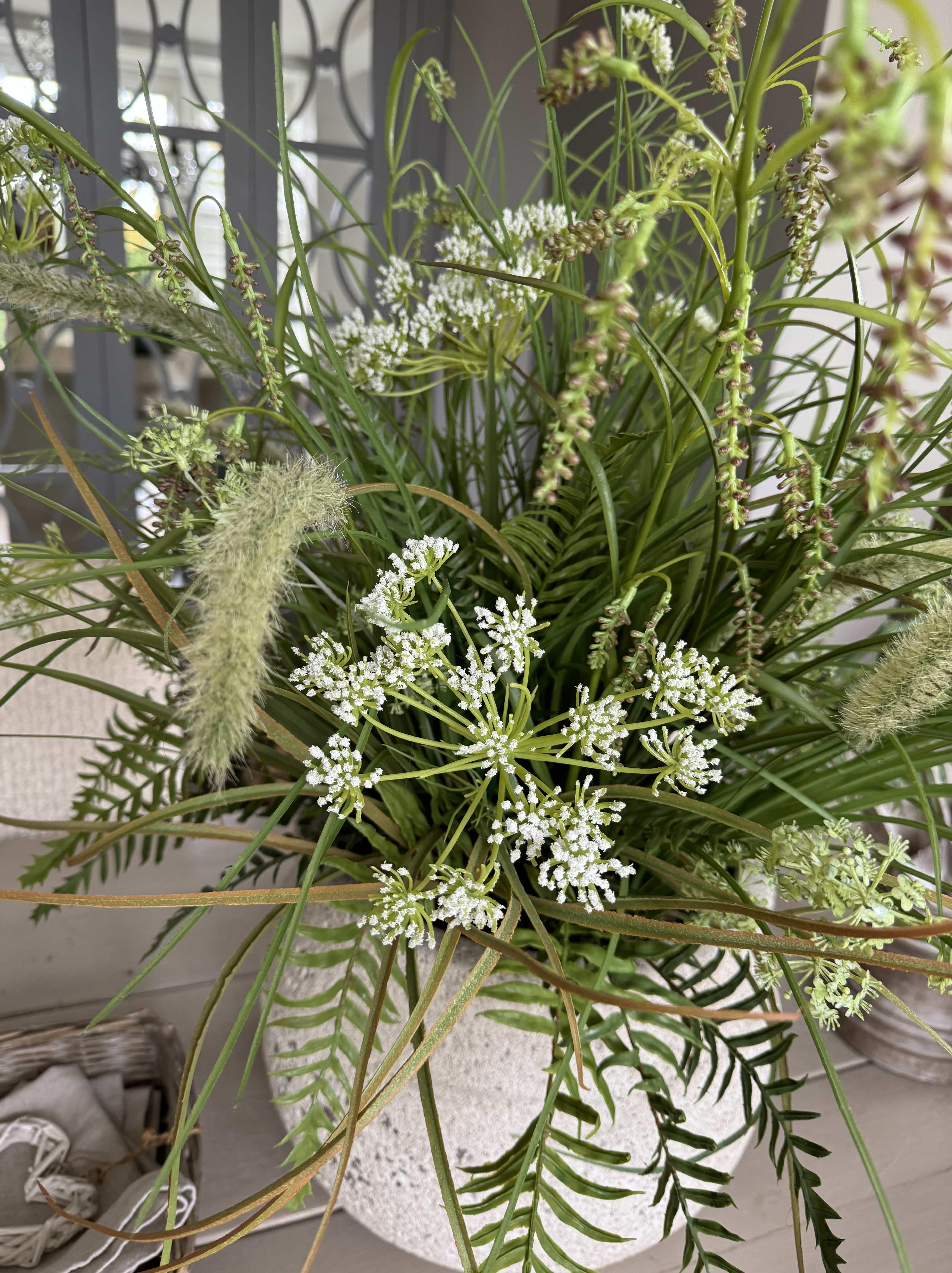 Queen Anne's Lace and Grass in a Cream Stone Pot RTfact Flowers 