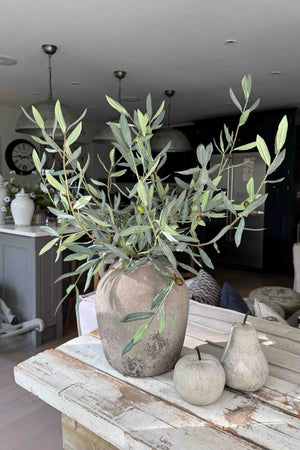 Potted artificial olive tree plant on a wooden table with a blurred indoor background