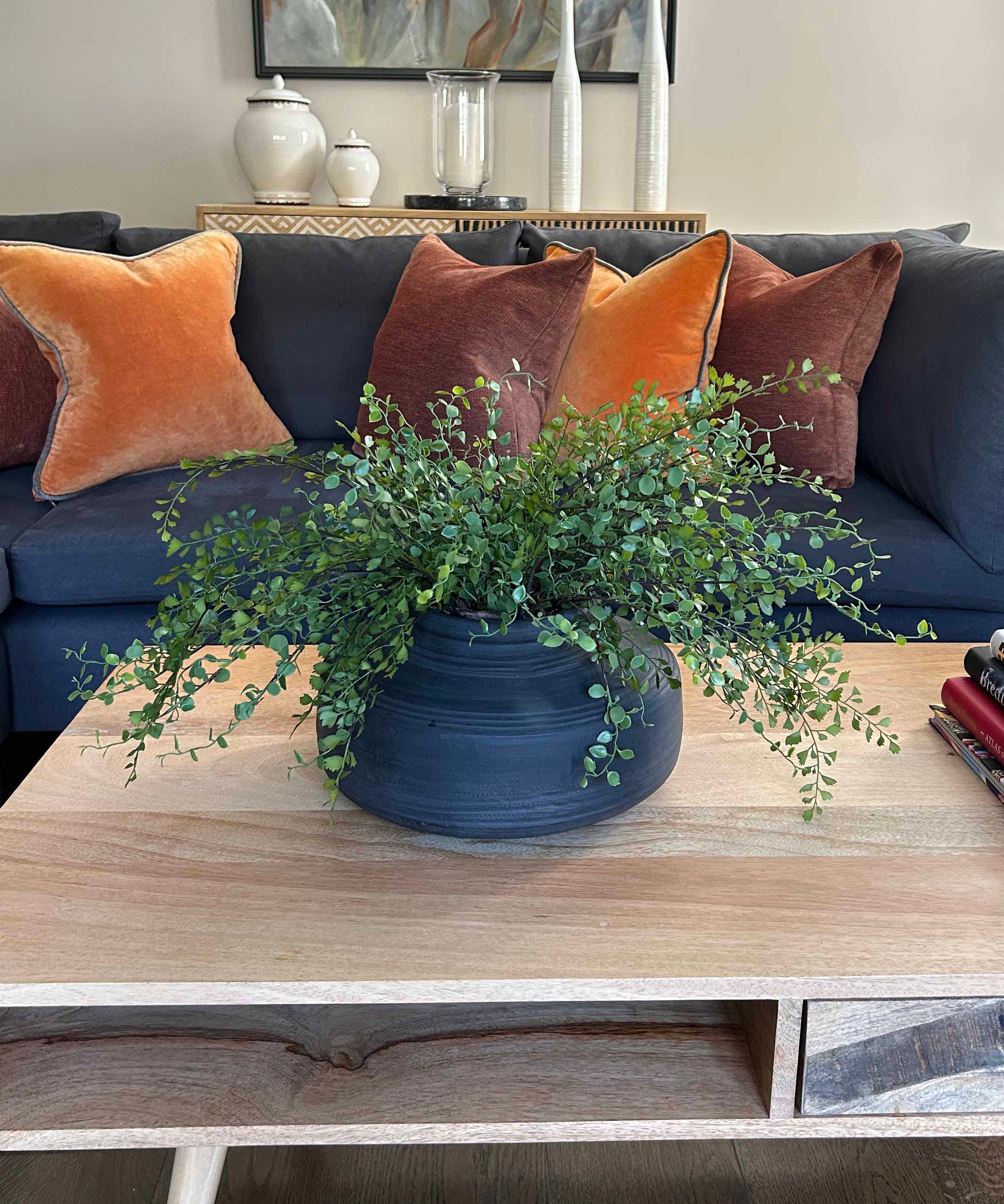 Maidenhair Fern and Leaf Spray in a Black Clay Pot