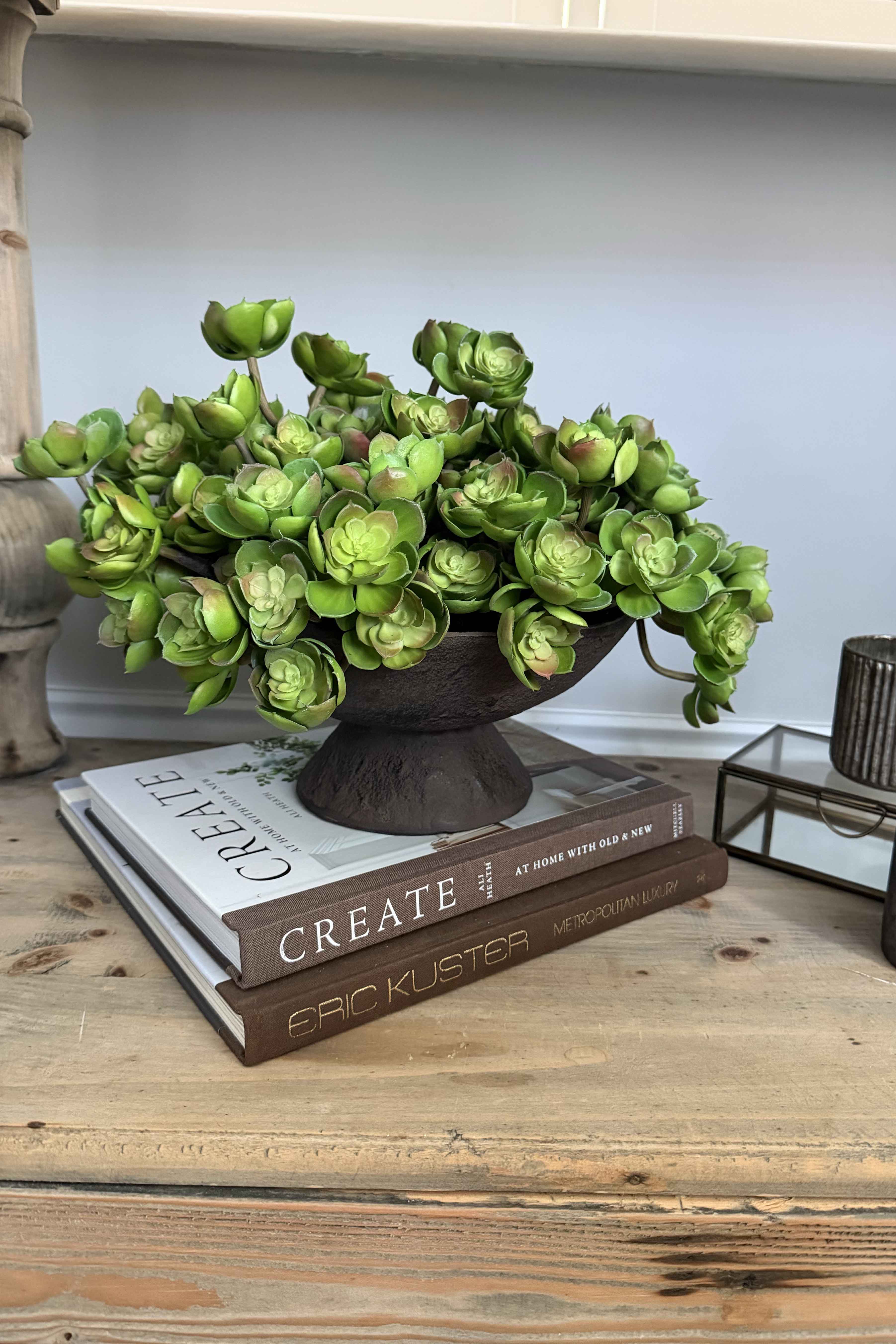 Succulent Branch in a Rustic Brown Pedestal Bowl RTfact Flowers 