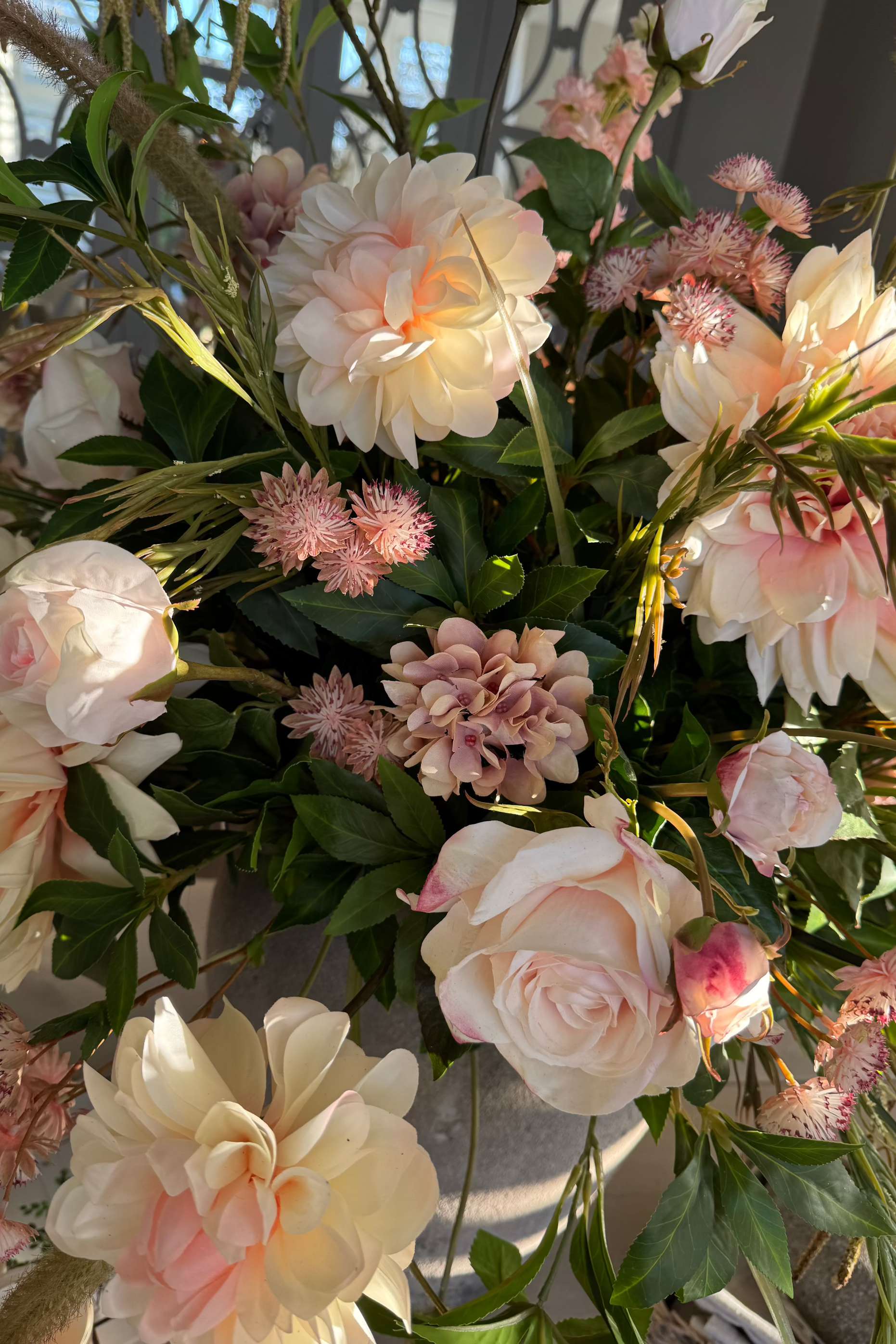 Dahlia, Bucida and Cattail Grass in a Stone Vase RTfact Flowers 