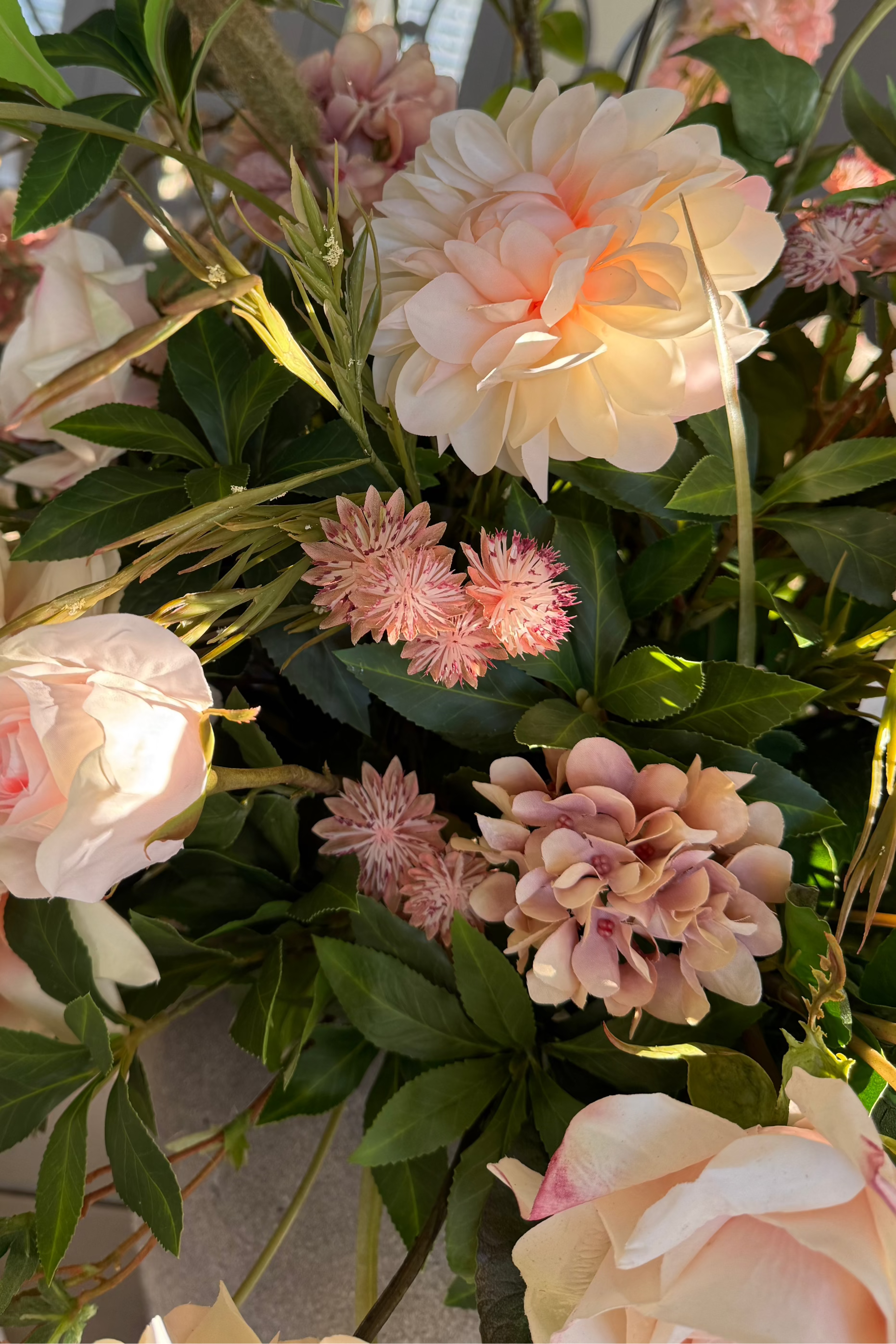 Dahlia, Bucida and Cattail Grass in a Stone Vase RTfact Flowers 