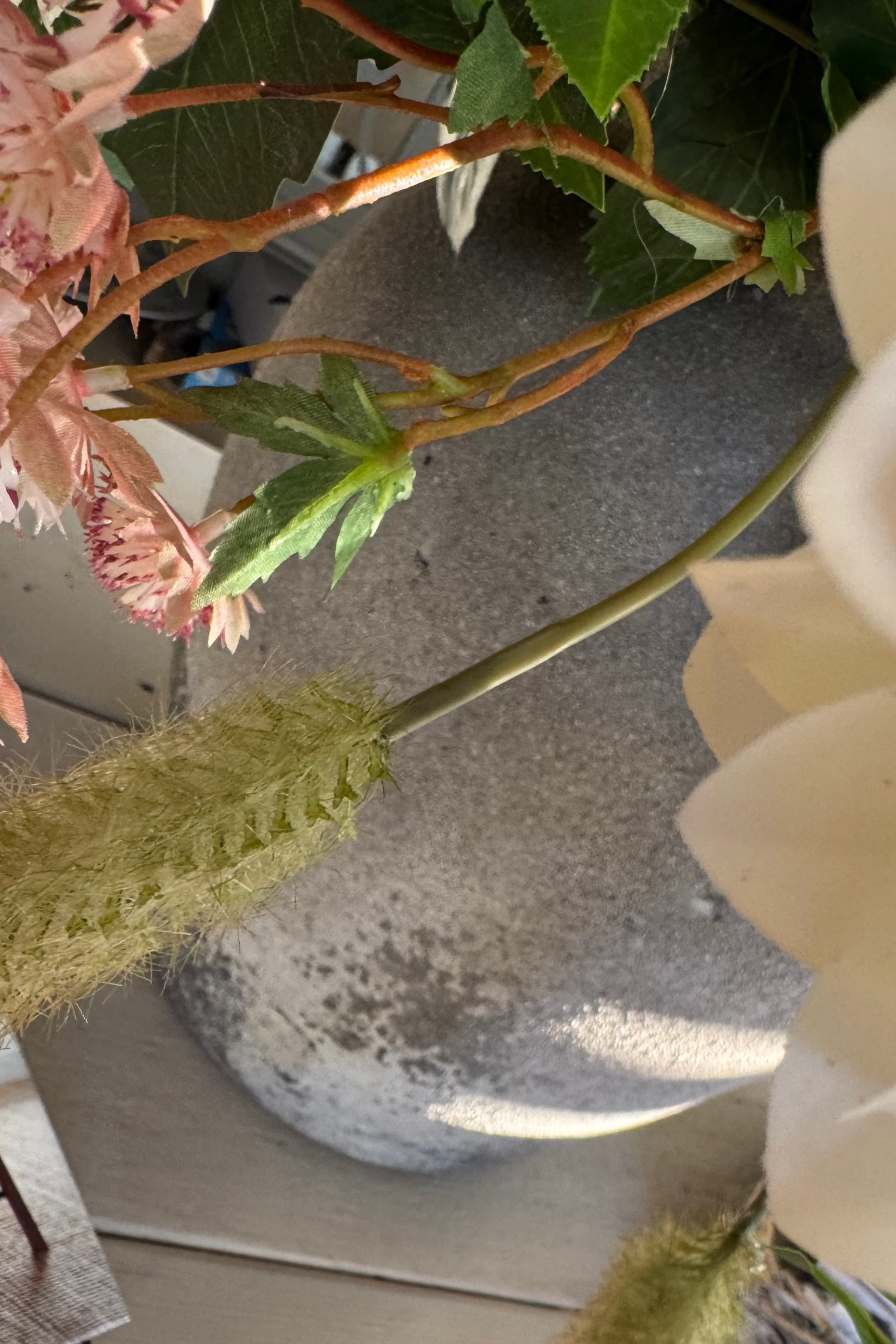 Dahlia, Bucida and Cattail Grass in a Stone Vase RTfact Flowers 
