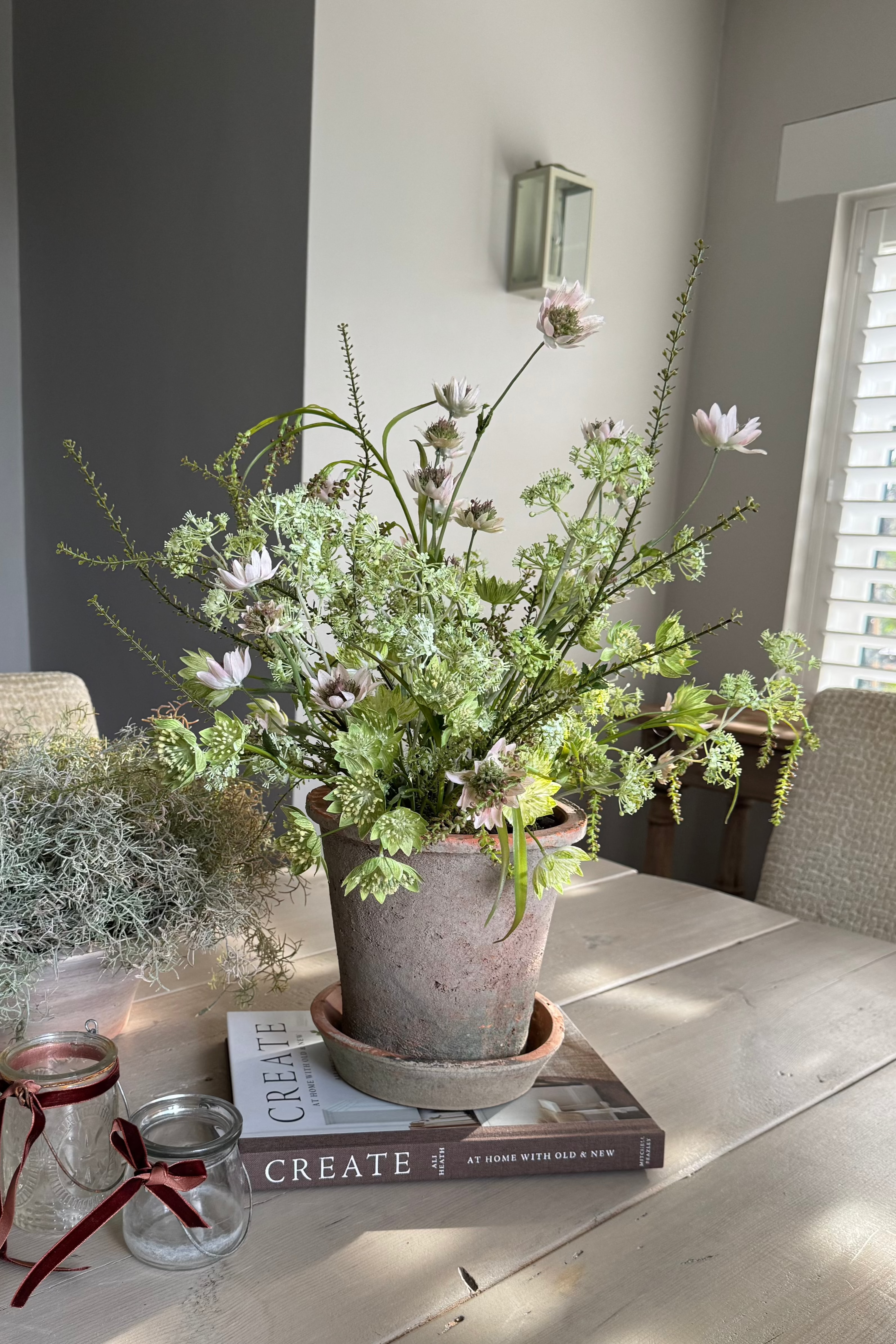 Astrantia and Sea Kale in an Antique Terracotta Pot RTfact Flowers 