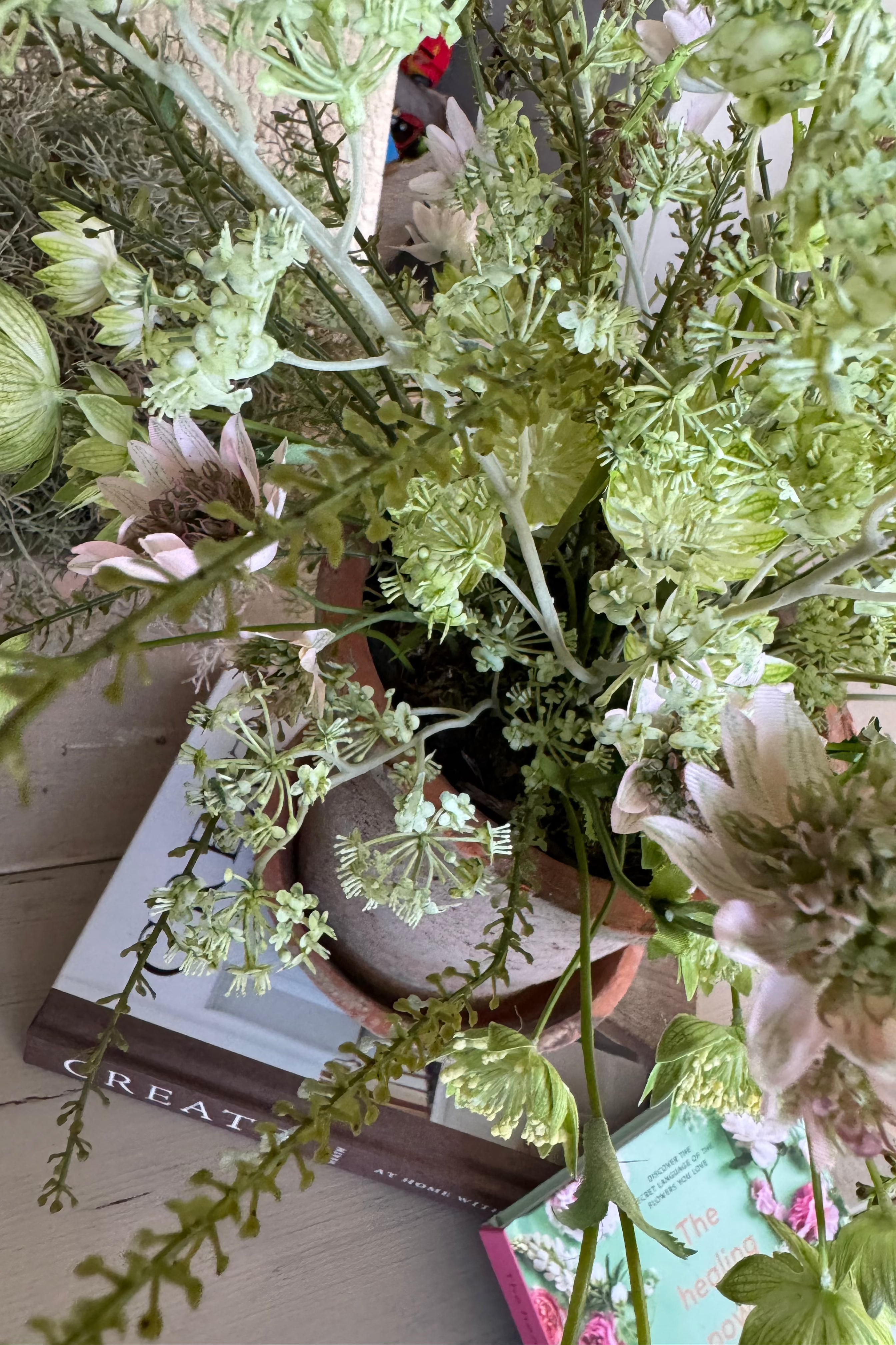 Astrantia and Sea Kale in an Antique Terracotta Pot RTfact Flowers 