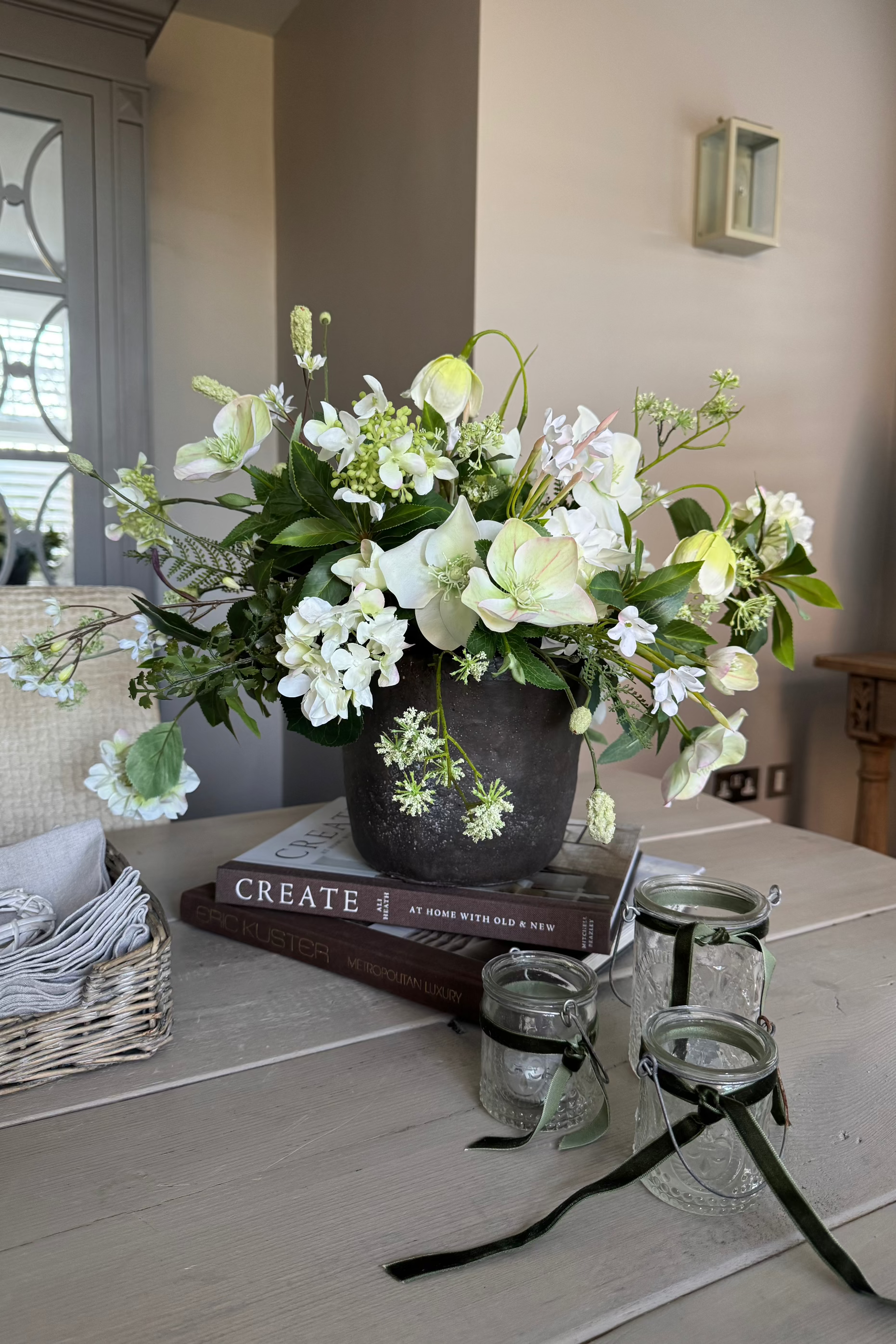 Hellebore, Bucida and Fern in a Dark Grey Stone Pot RTfact Flowers 