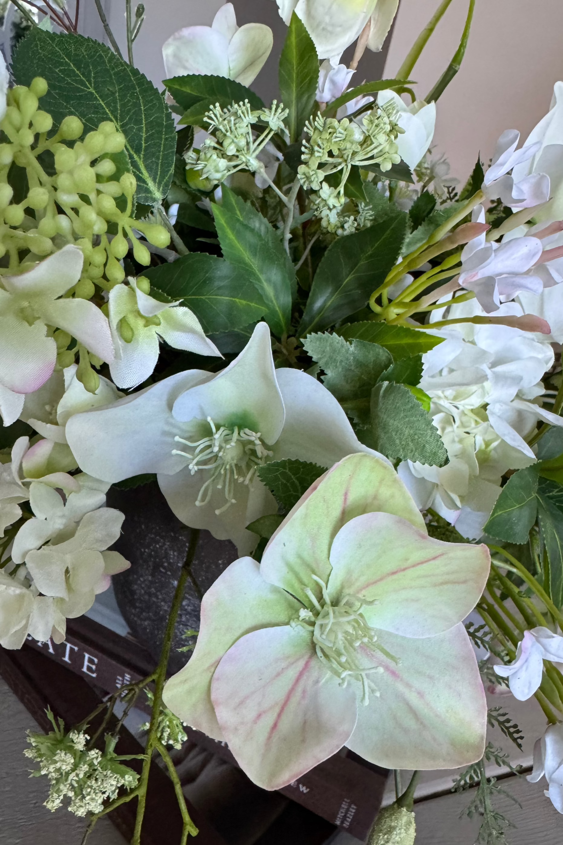 Hellebore, Bucida and Fern in a Dark Grey Stone Pot RTfact Flowers 
