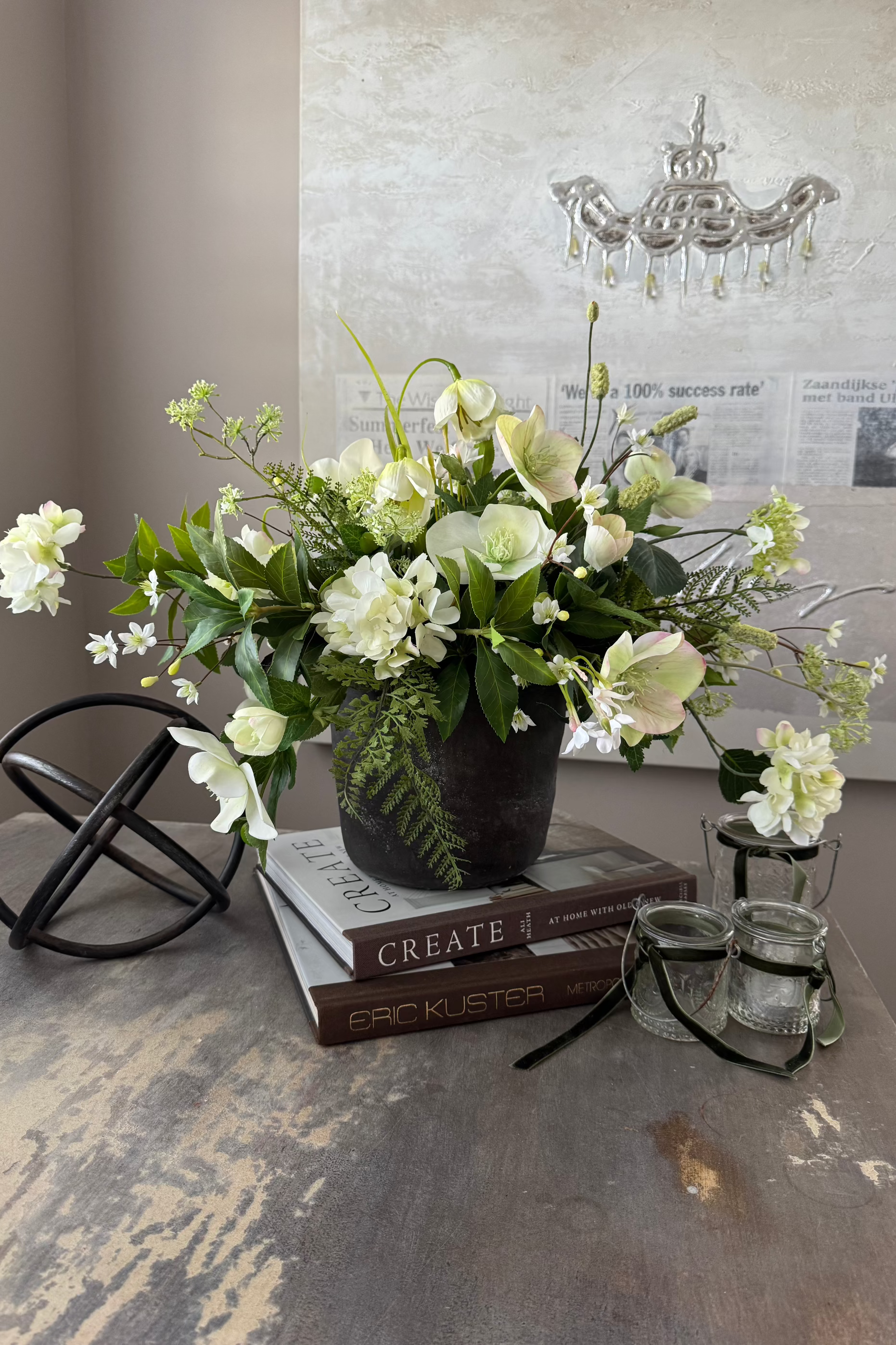 Hellebore, Bucida and Fern in a Dark Grey Stone Pot RTfact Flowers 
