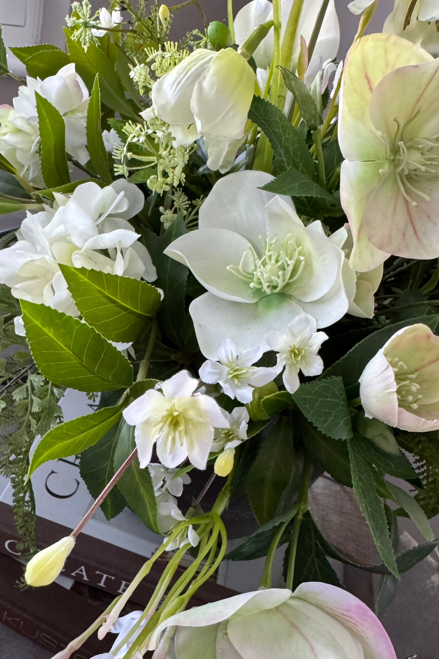 Hellebore, Bucida and Fern in a Dark Grey Stone Pot RTfact Flowers 