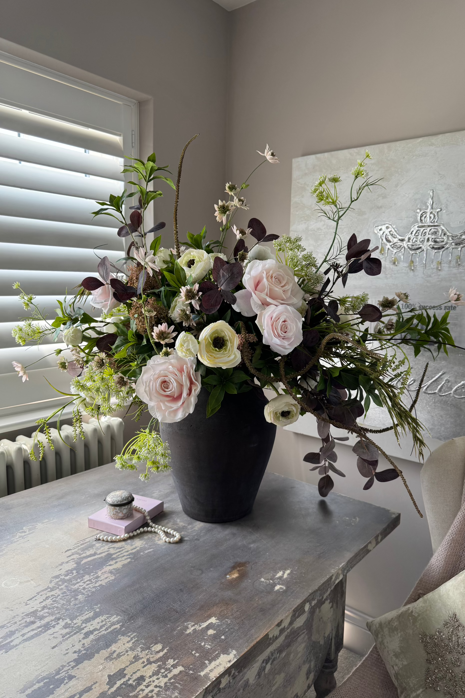 Ranunculus, Rose and Astrantia in a Rustic Brown Vase RTfact Flowers 